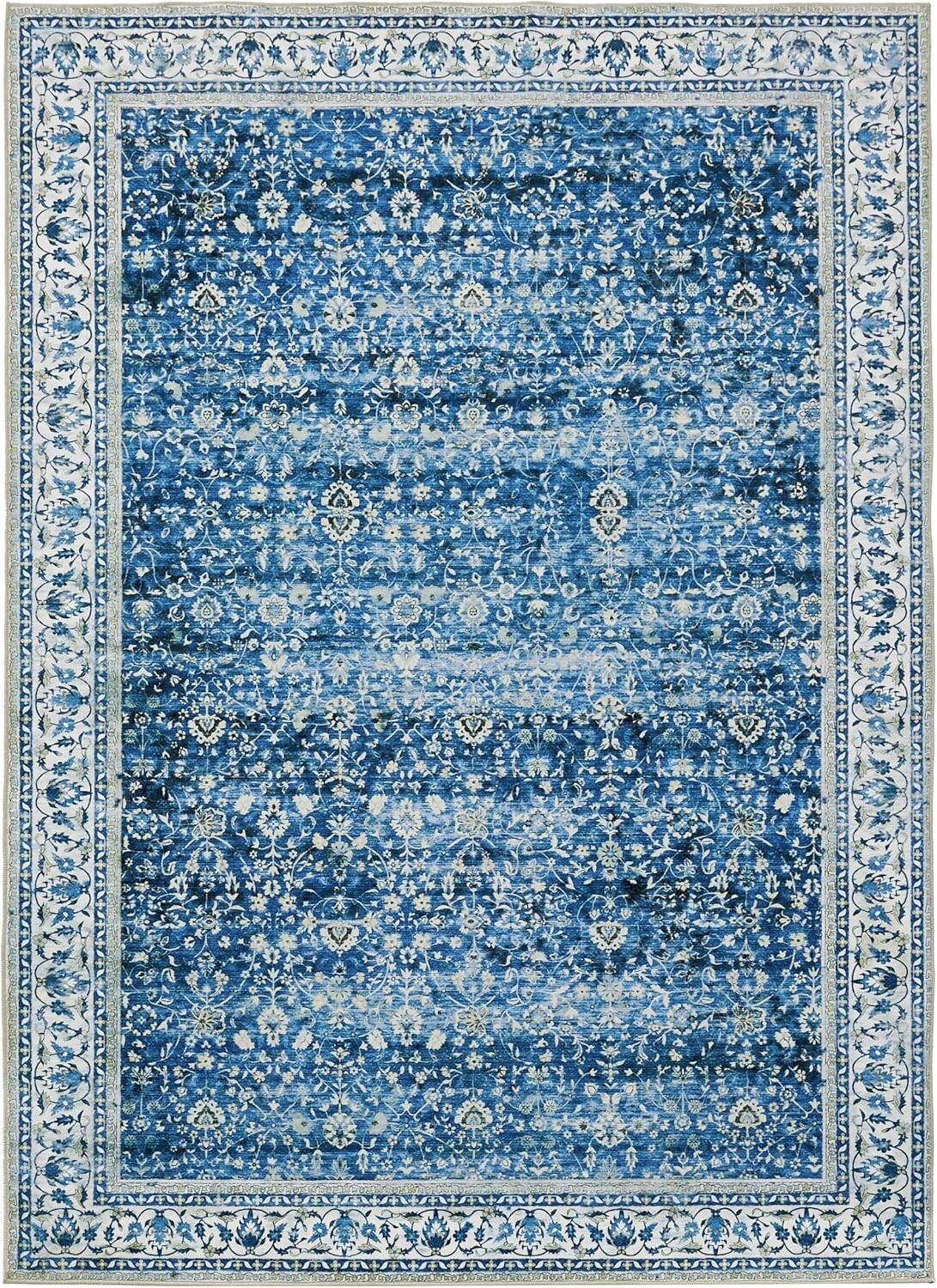 Andency Washable Living Room Area Rug 8×10, Blue Vintage Boho Non-Slip Carpet