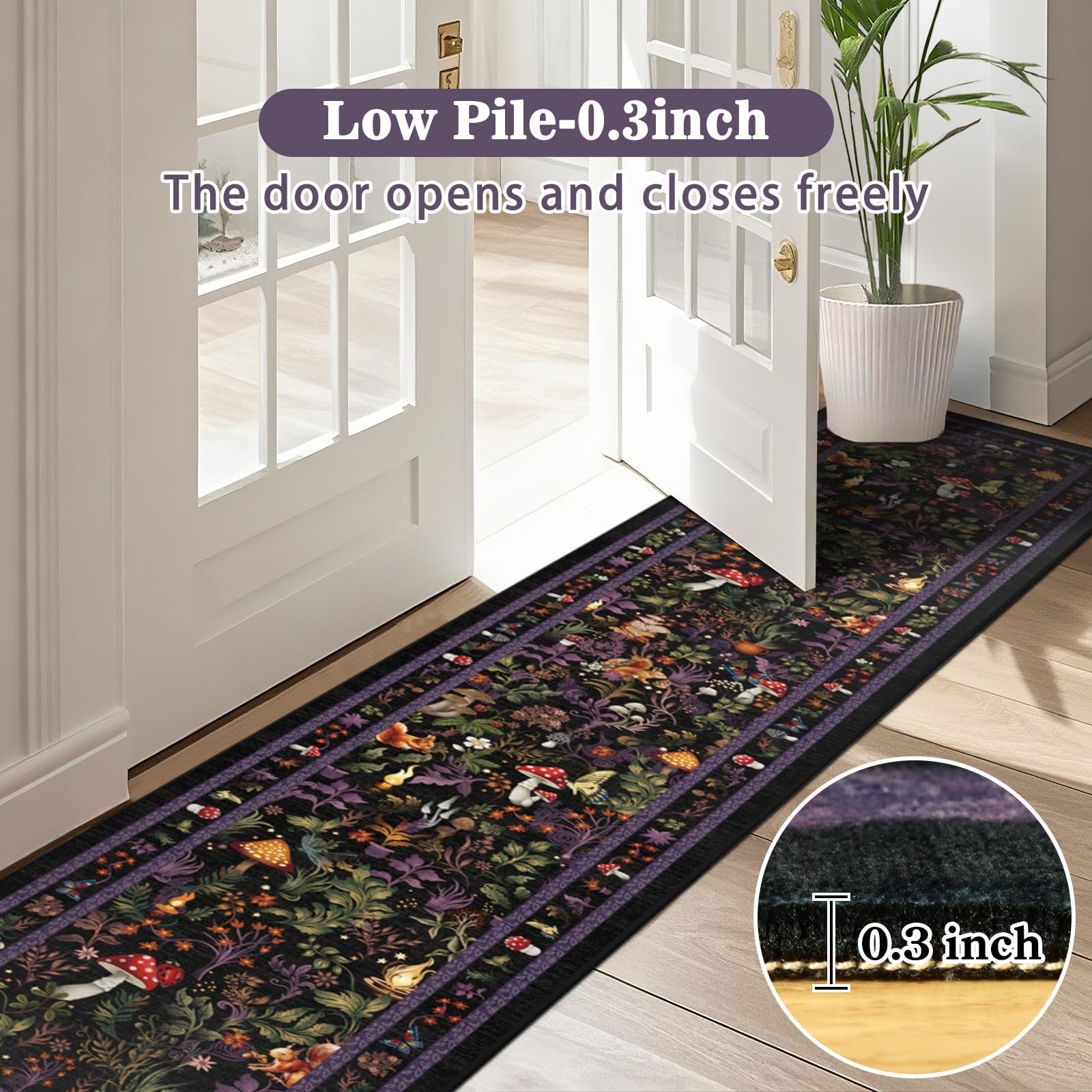 Botanical Animal Print 2x10ft Non-Slip Hallway Runner Rug – Washable Thin Entryw