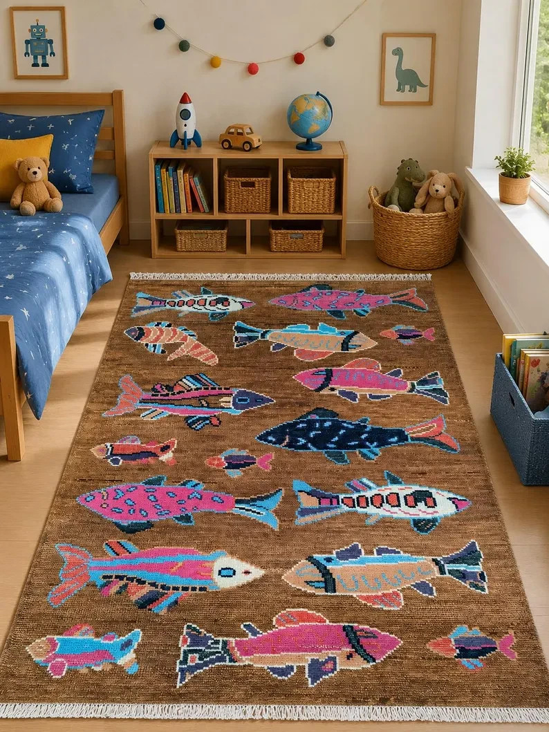 Koi Fish Runner Rug: Brown Colorful Carpet Handmade Wool Area Rug