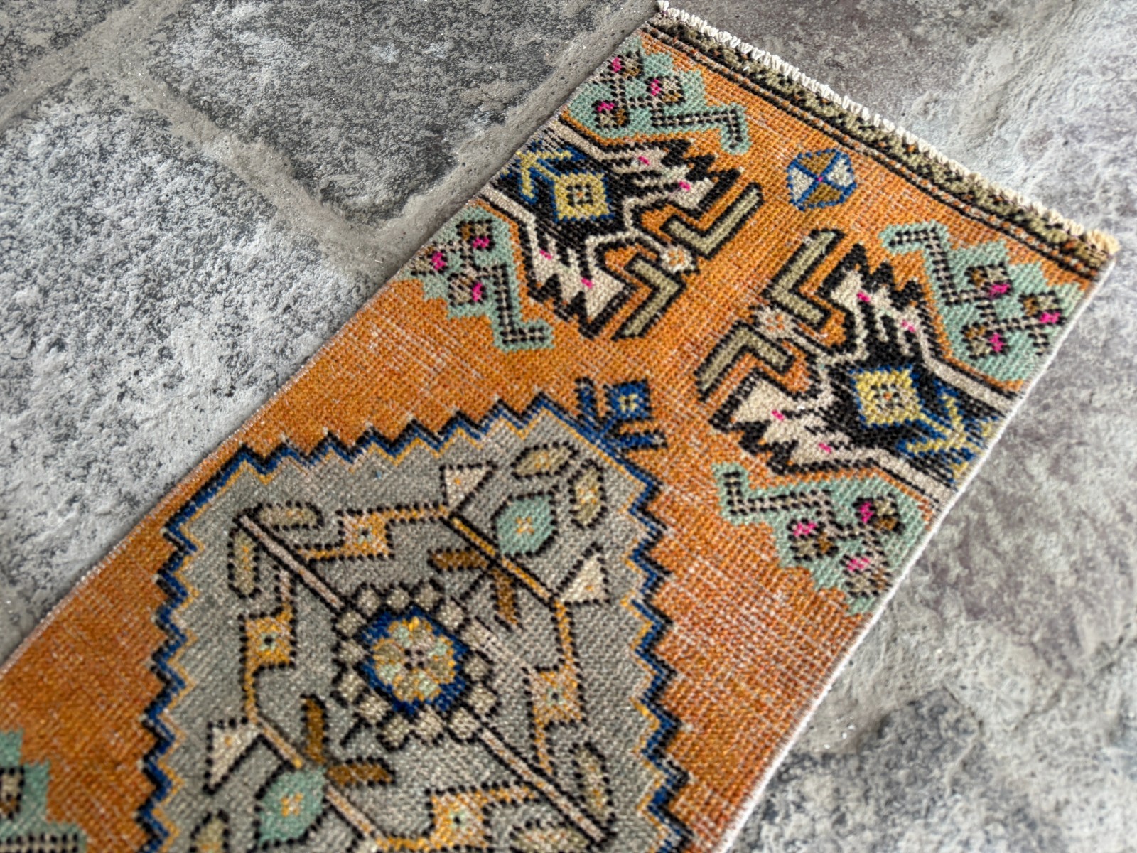 Vintage Oushak Rug 1.2×3.1 ft Burnt Orange Grey Turkish Small Accent Rug