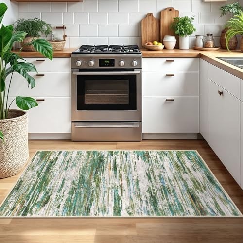 3×5 Green Grey Multi Modern Abstract Rug 3′ x 5′ (Rectangular) Green/Grey/Multi