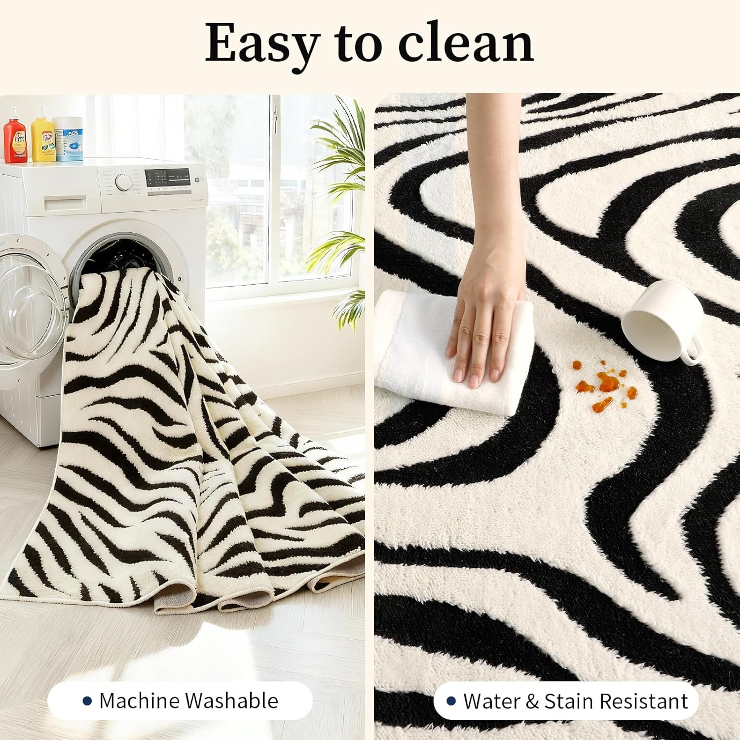 8×10 Ft Area Rugs for Living Room: Modern Washable Rug – Abstract Black and Crea