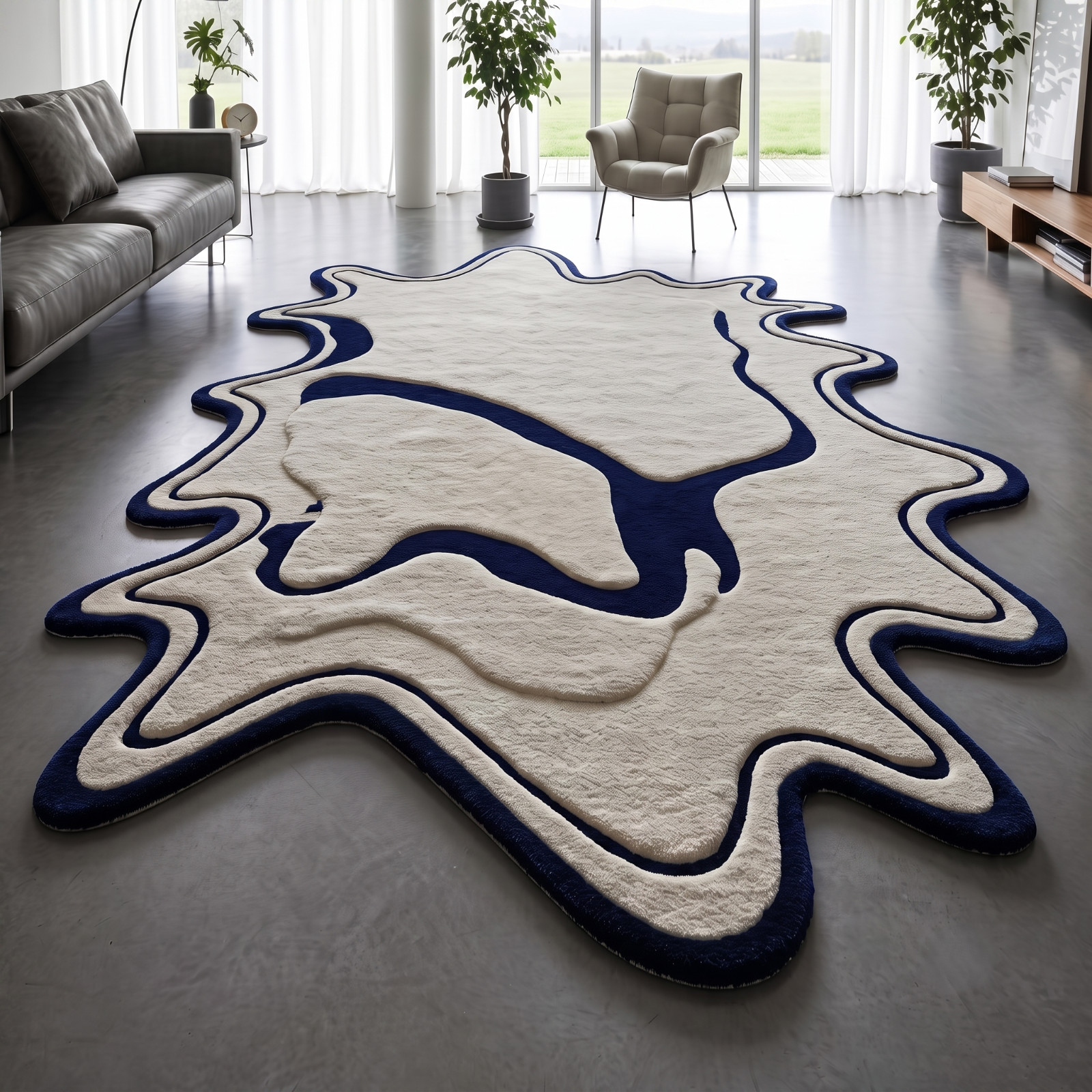 8×10 Hand Tufted Wool Area Rug Blue Modern Irregular Designer Carpet Living Room