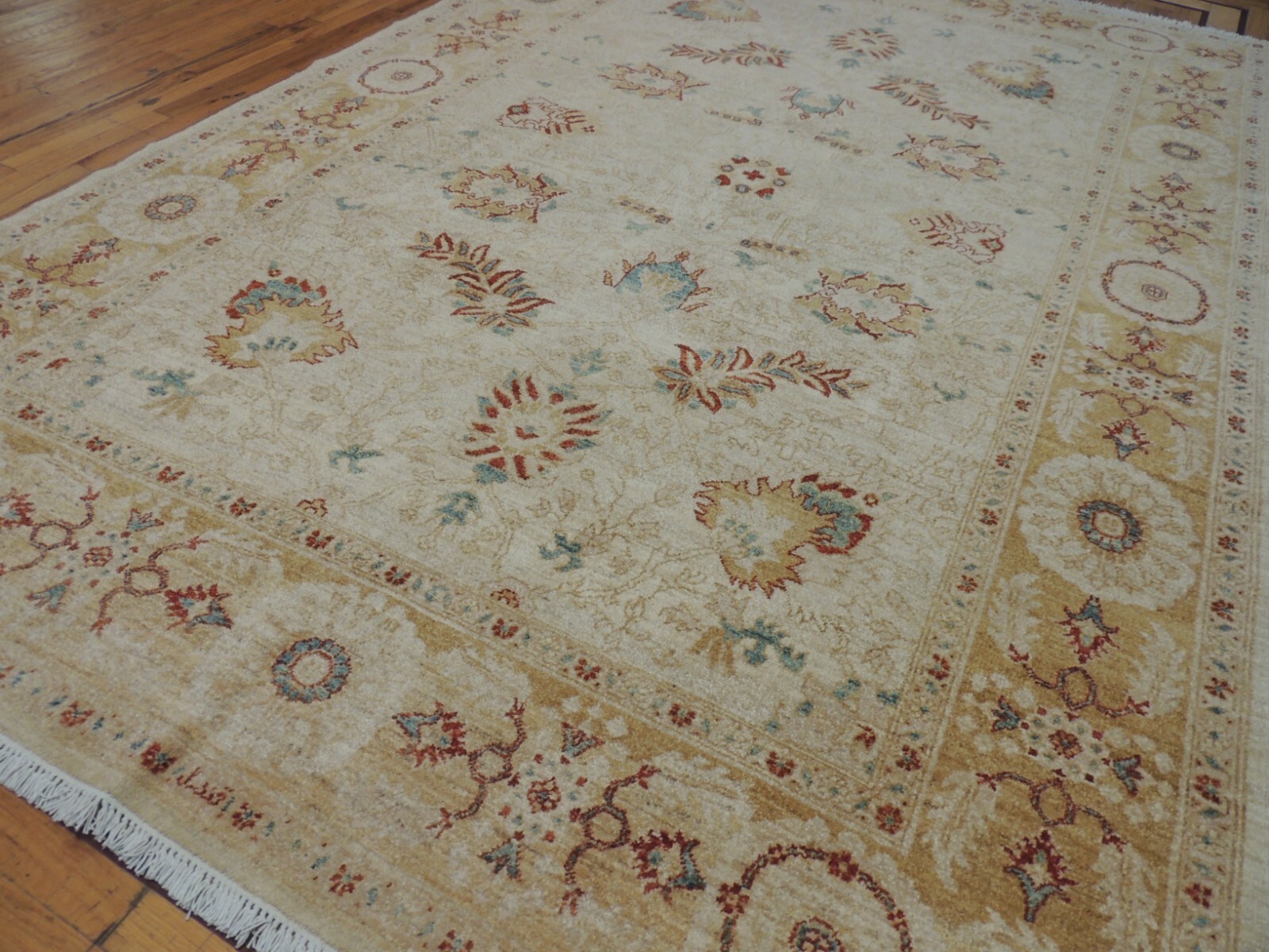 6×9 Pakistani Peshawar Vintage look rug Vegetable Dye Beige Rust Teal Blue Gold