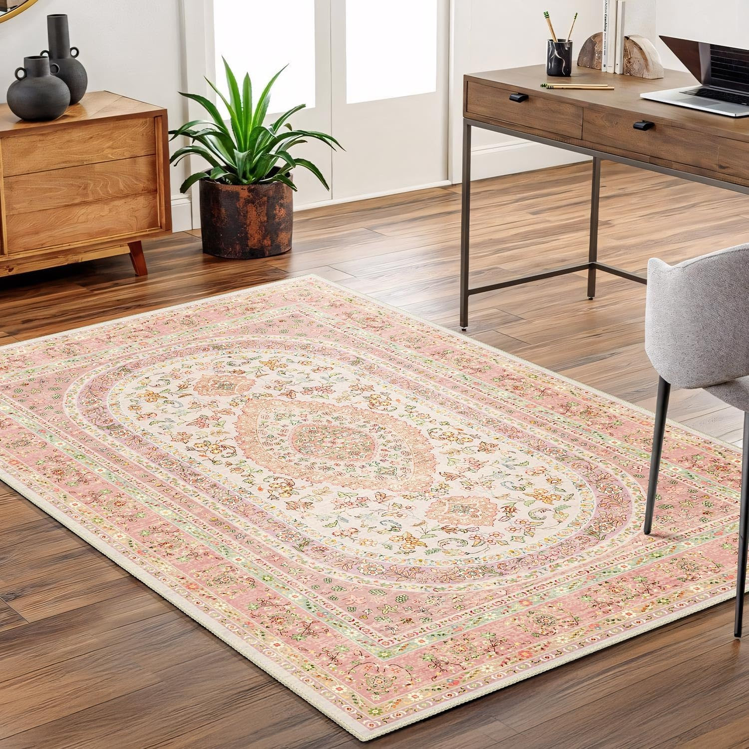 Alfombra rosa de 3 x 5 pulgadas, alfombras lavables estilo bohemio para dormitor