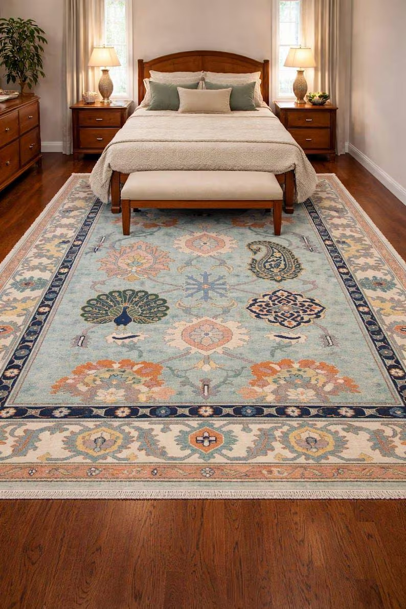 Handmade Wool Oushak Rug 9×12, Turkish Peacock Floral Design, Pastel Colors