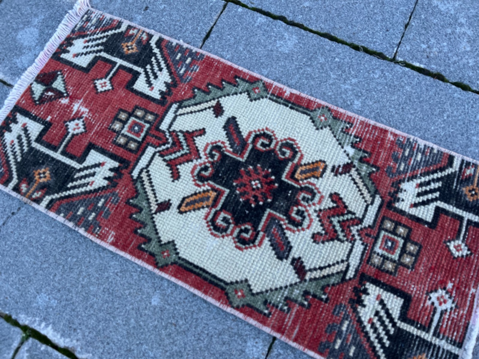 Vintage Turkish Small Rug 1.1×2.5 ft Handwoven Anatolian Wool Mini Runner