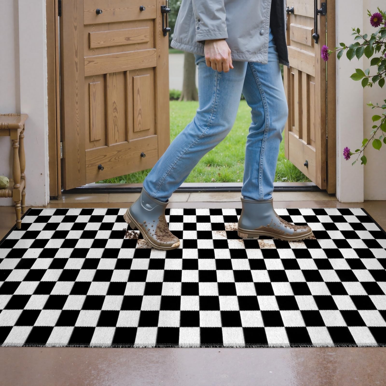 Checkered Rug, 2×3 Ft Black and White Moroccan Checkerboard Rug Washable Cott