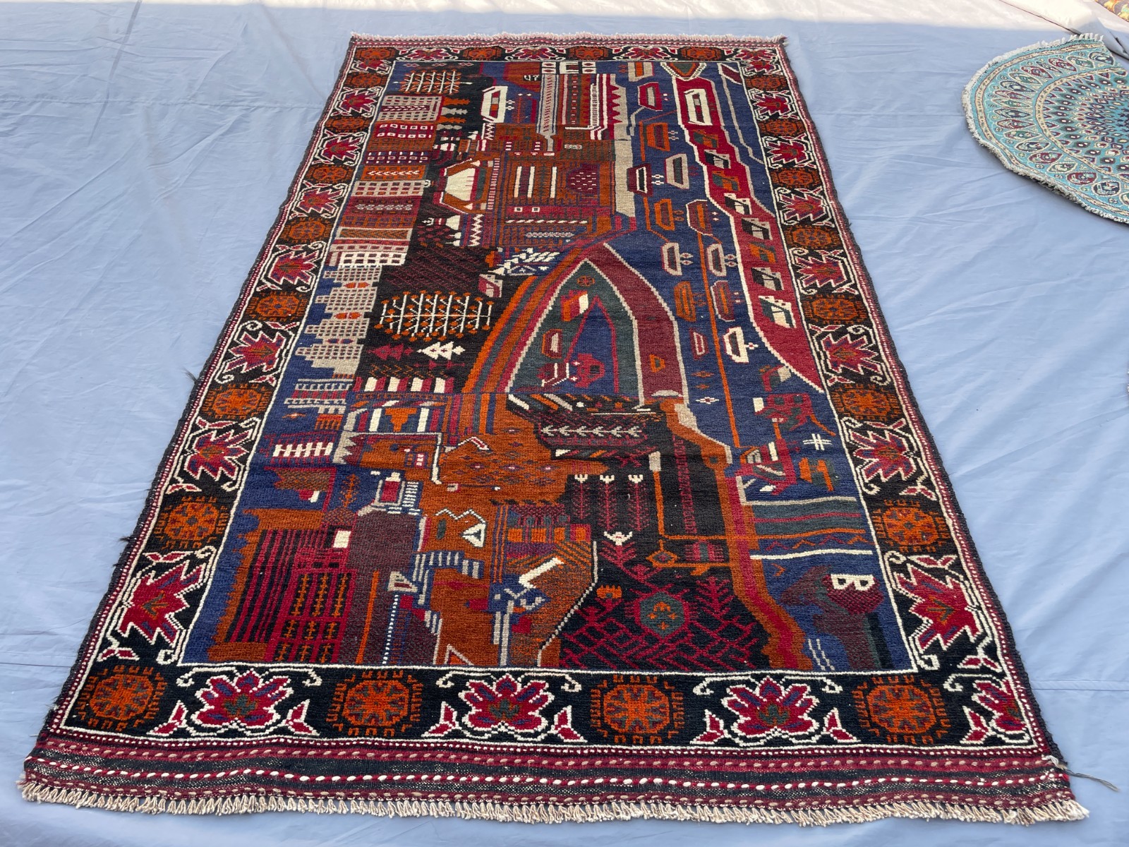 3×6 Afghan Pictorial War Rug Handmade Baluchi Wool City Scene Carpet With Road