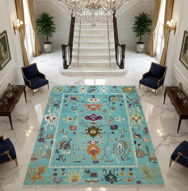 Hand Knotted Oushak Wool Rug | Aqua Blue Multicolor Area Carpet | Traditional