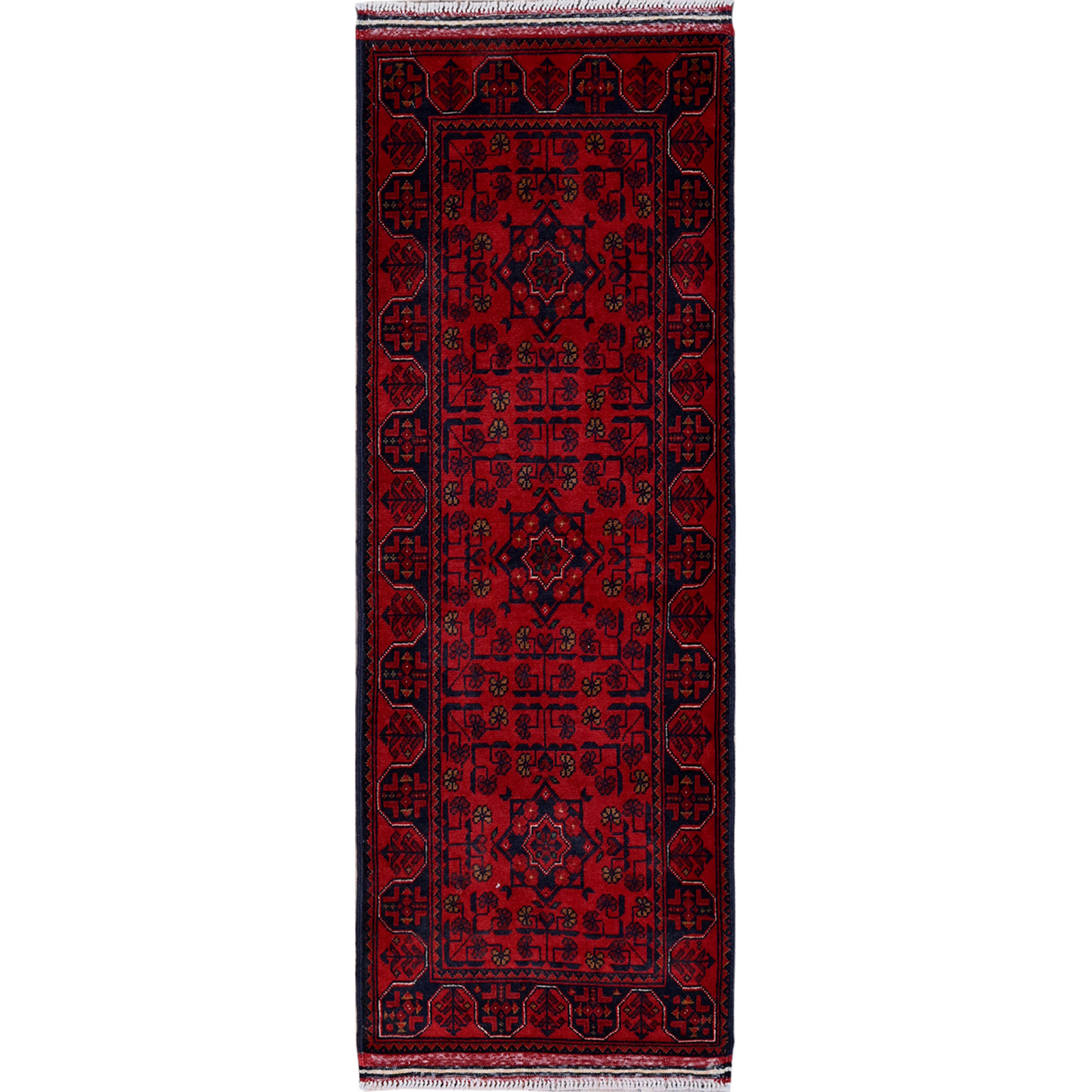 1’9″x4’9″ Red Afghan Khamyab Geometric Pattern Hand Knotted Wool Runner Rug R740
