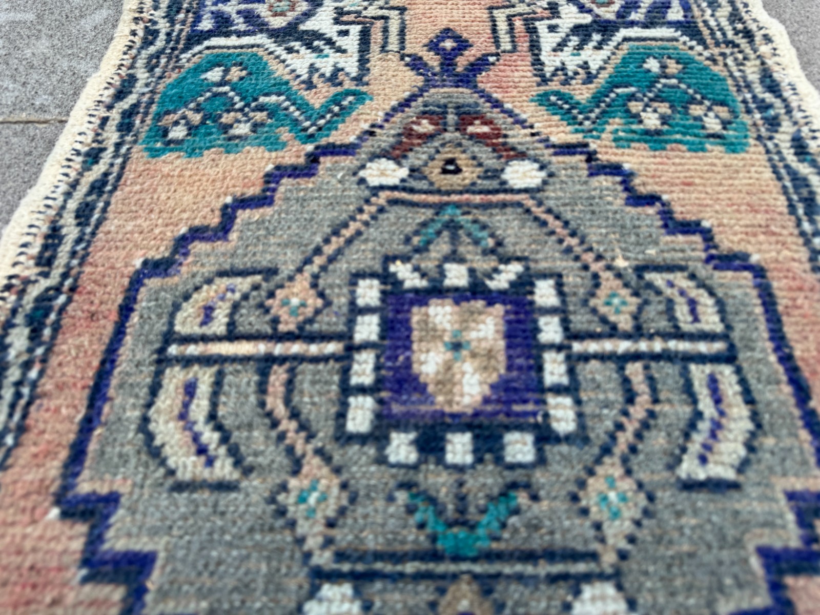 Small Vintage Turkish Oushak Rug 1.7×3.1 Beige Gray Teal Blue Accent Rug