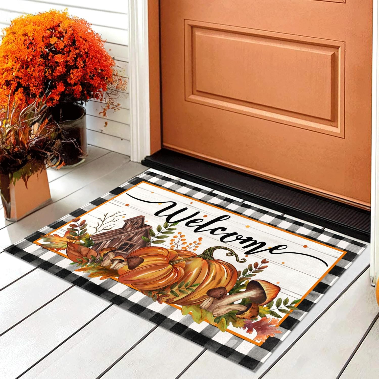 Fall Decorations Pumpkin Mushroom Welcome Non-Slip Doormat Gift 17×29 Inch