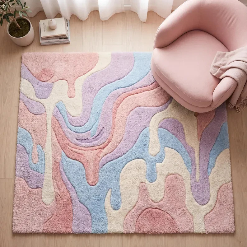 Hand Tufted Abstract Pastel Rug, Modern Pink Area Carpet for Bedroom