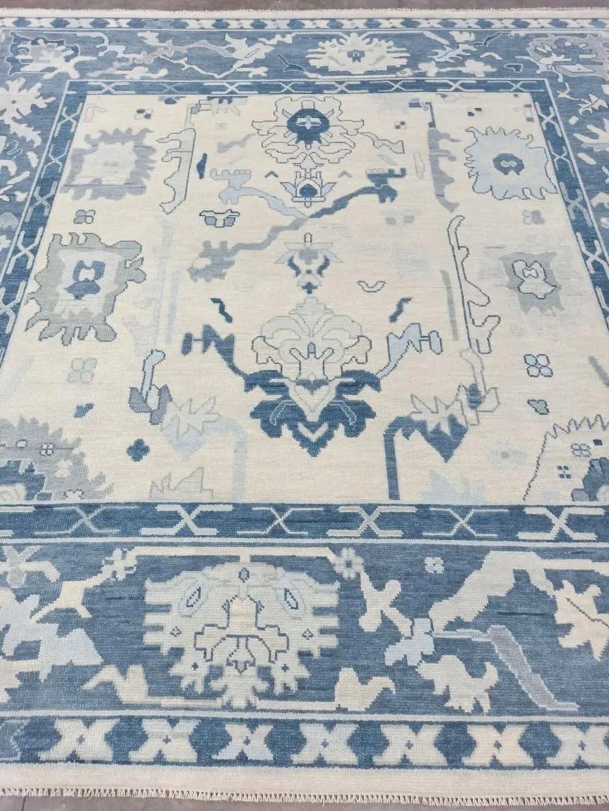 8×10 9×12 Blue Turkish Oushak Area Rug | Handmade Wool Vintage Distressed Carpet