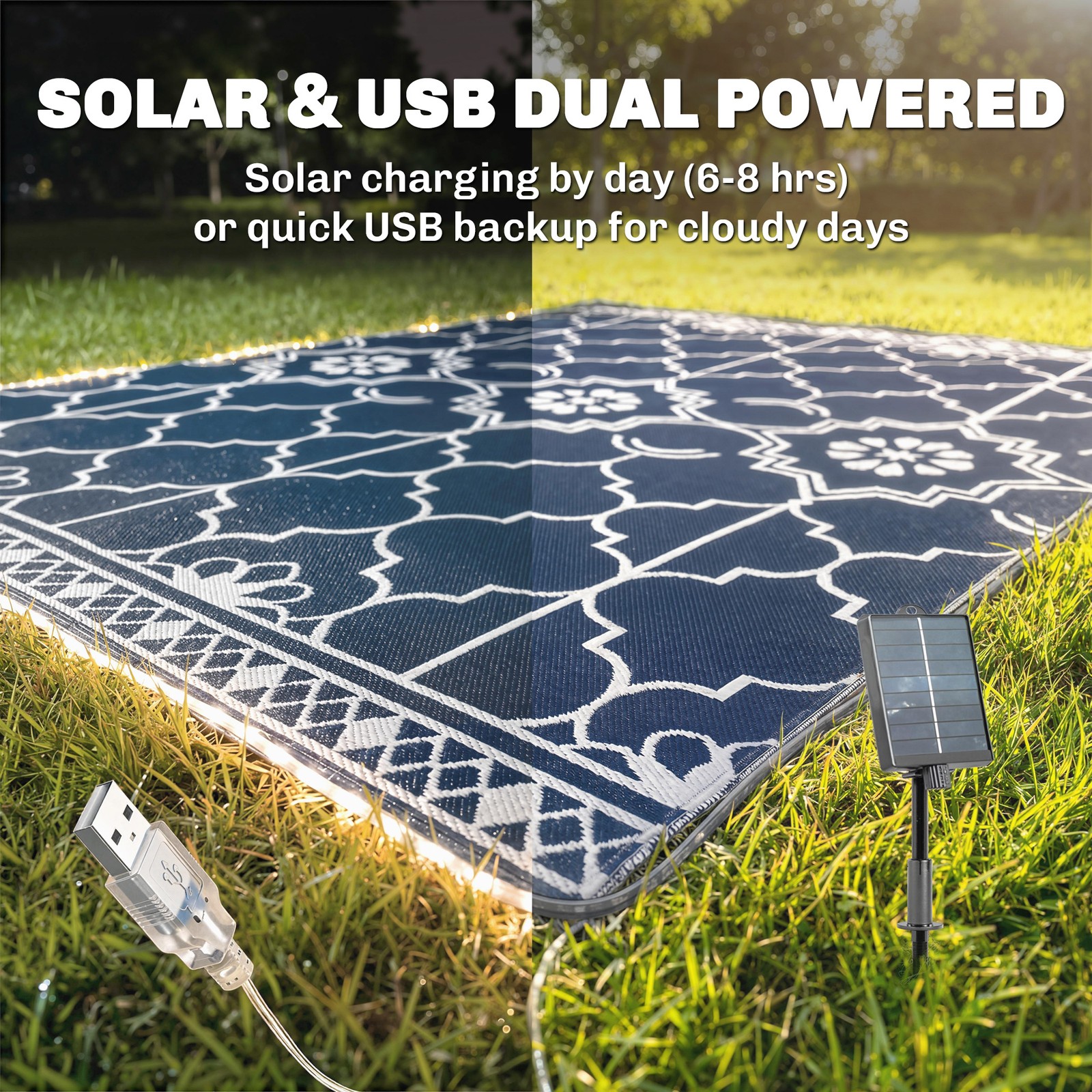 Outsunny Reversible Outdoor Rug Carpet with LED Lights, PP Straw Rug
