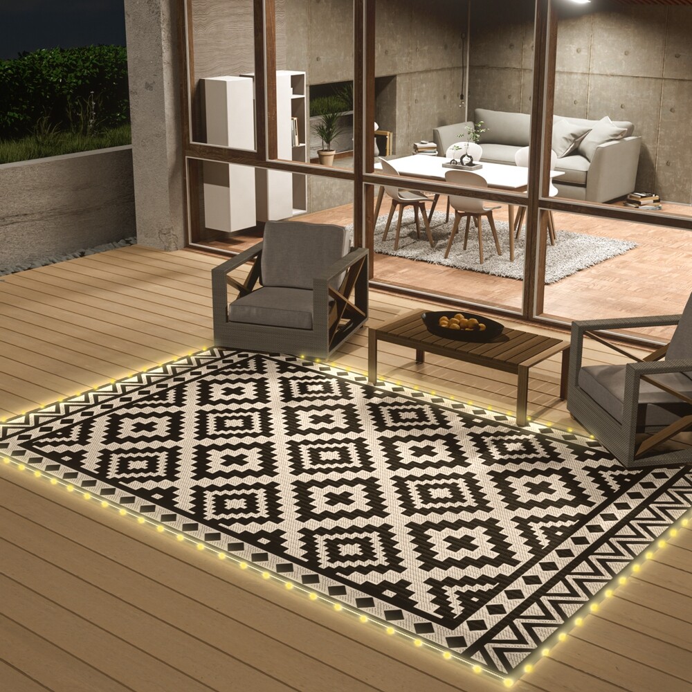 HAUSHOF 8FT Outdoor Rug Waterproof LED Strip Light Reversible Plastic Straw Rugs