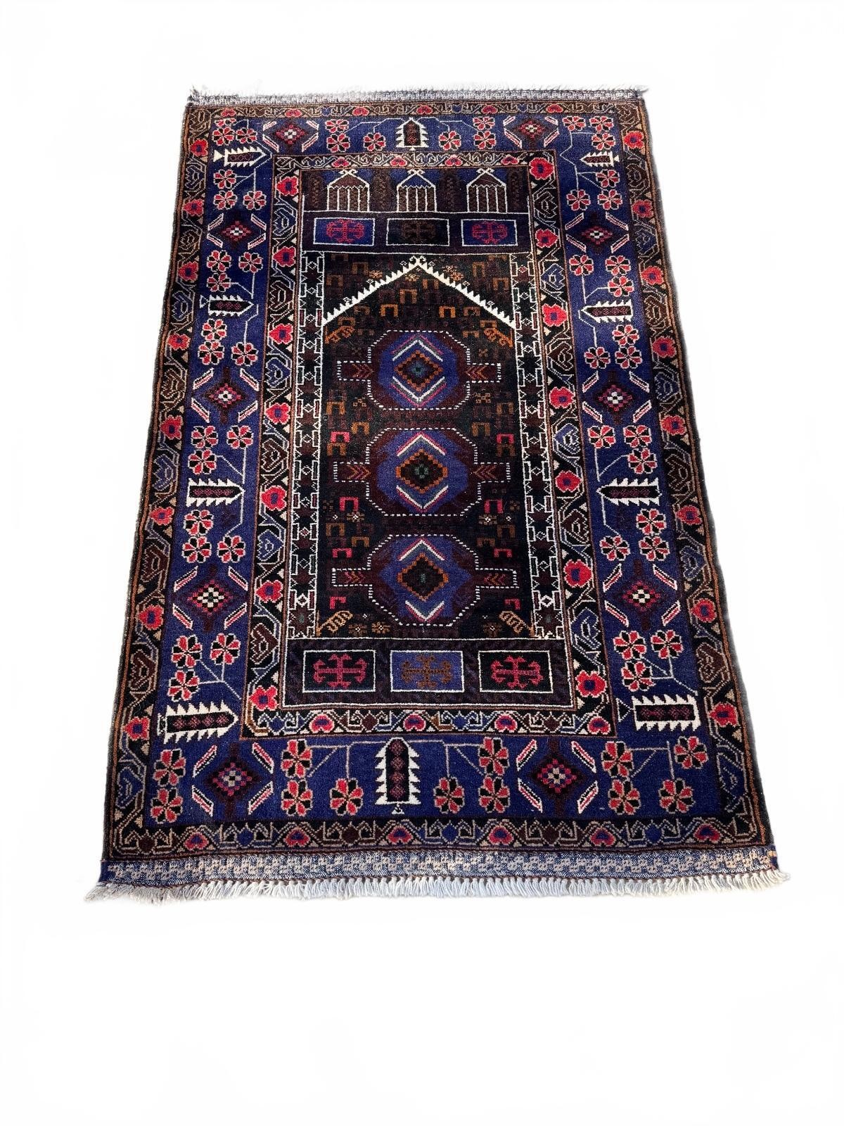 Vintage Hand-Knotted Central Asia Rug 3×5 Blue & Red Geometric Tribal Wool Rug