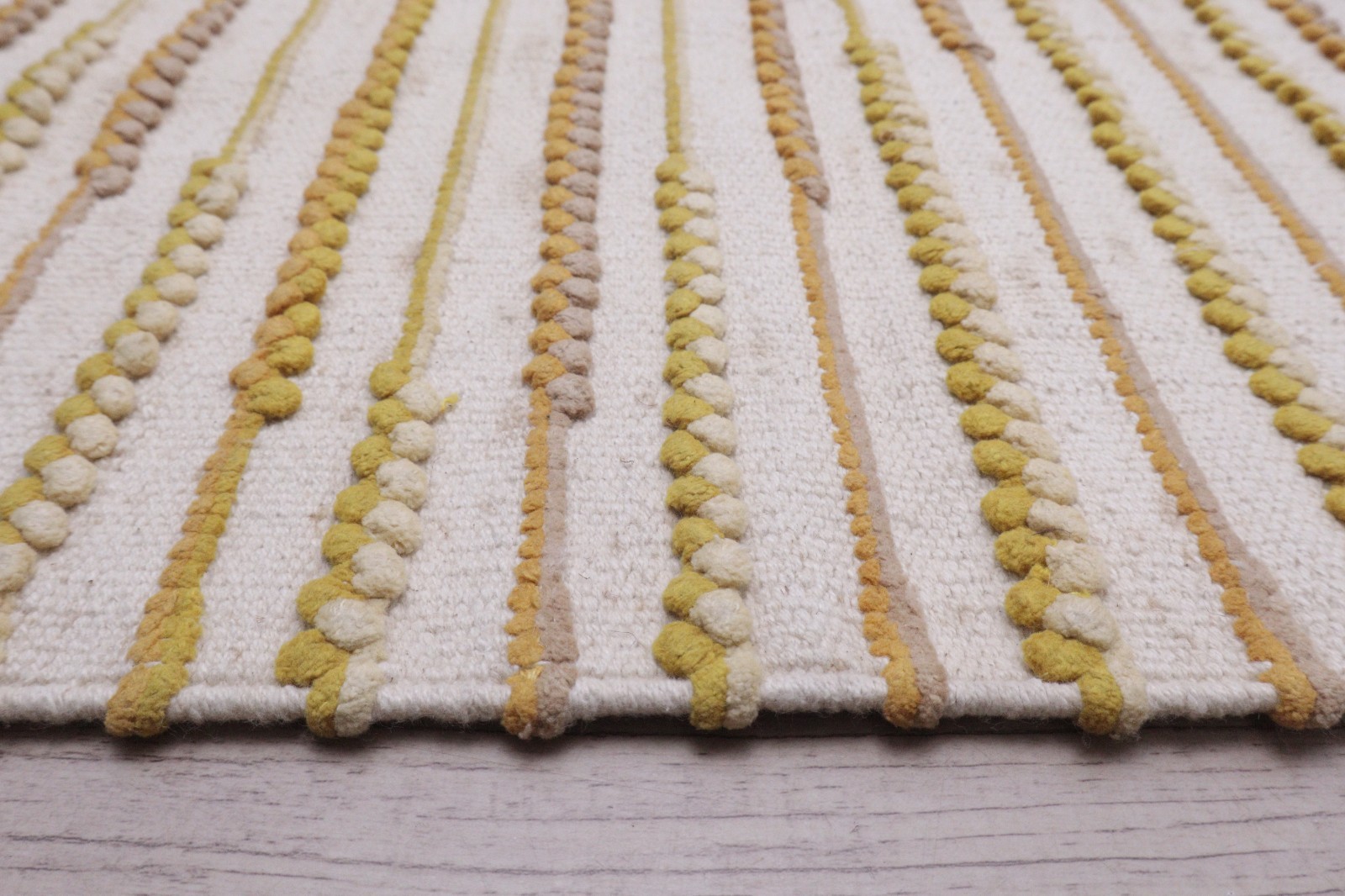 Handmade Off-White Cream Yellow Striped Textured Bubble Weave Cotton Area Rug