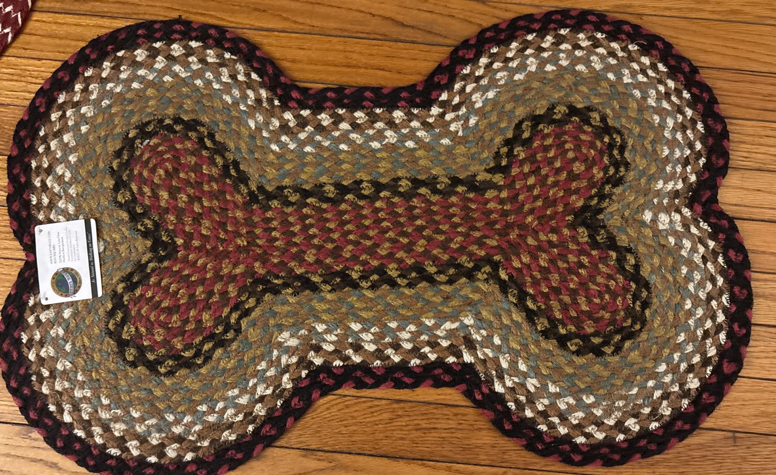 Burgundy Multi Colored Dog Bone Shape Jute Braided Rug 18″ x 28″, Earth Rugs NWT
