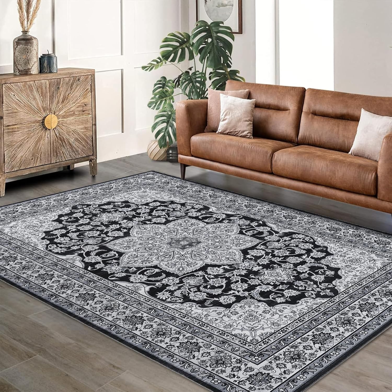 US Washable Area Rug Low-Profile Non-Slip Backing Durable Edge Bind Vintage Rugs