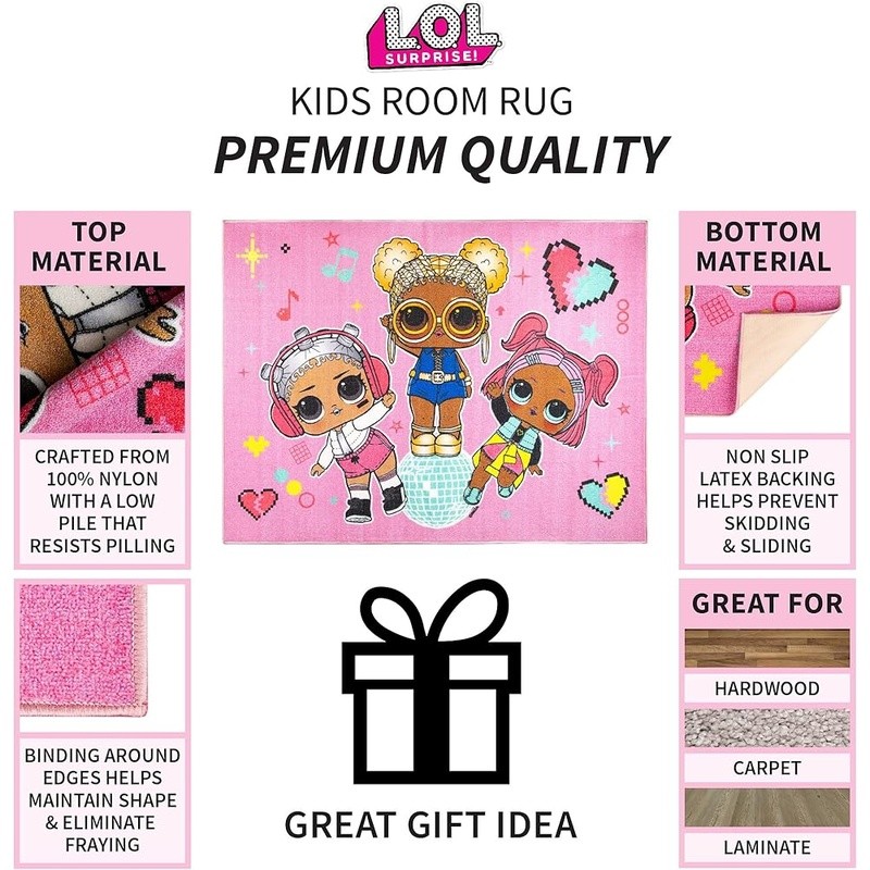 LOL Surprise Area Rug Kids Non Slip Soft Playroom Bedroom Game Mat Nylon