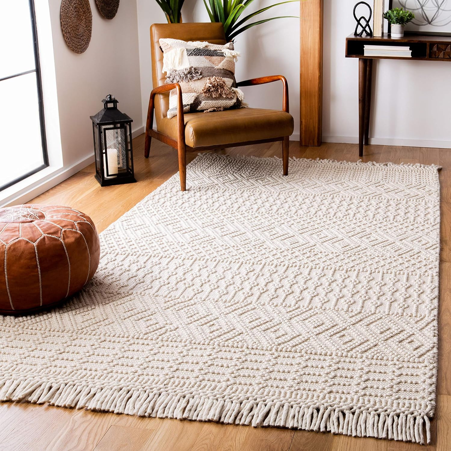 Handmade Moroccan Boho Area Rug 5′ x 8′ – Ivory Wool Fringe for High Traffic