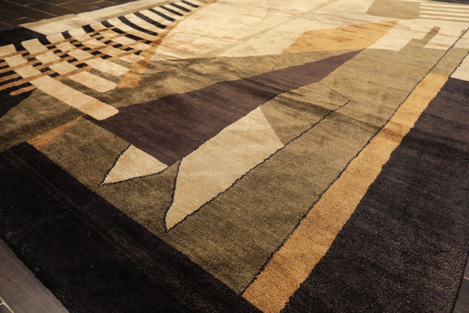 8×10 Hand Knotted Wool & Pure Silk Charcoal, Olive Tibetan Art Deco Designer Rug