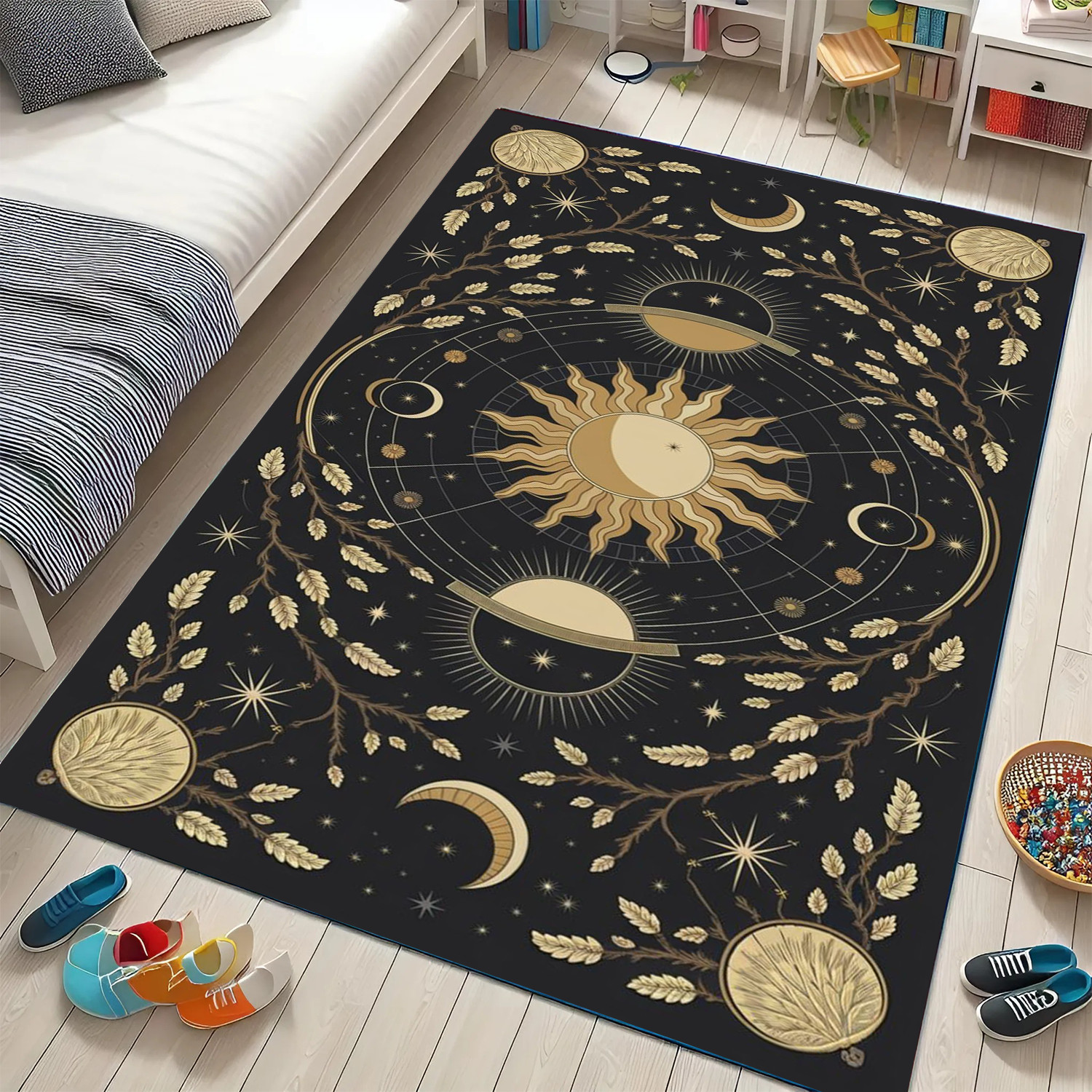 Sun and Moon Astrology Rug, Celestial Boho Carpet with Stars for Bedroom Decor