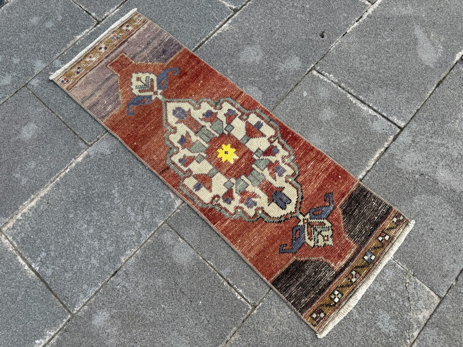 Small Vintage Turkish Rug 1.1×3.3 ft Terracotta Yellow Long Kitchen Entry Mat