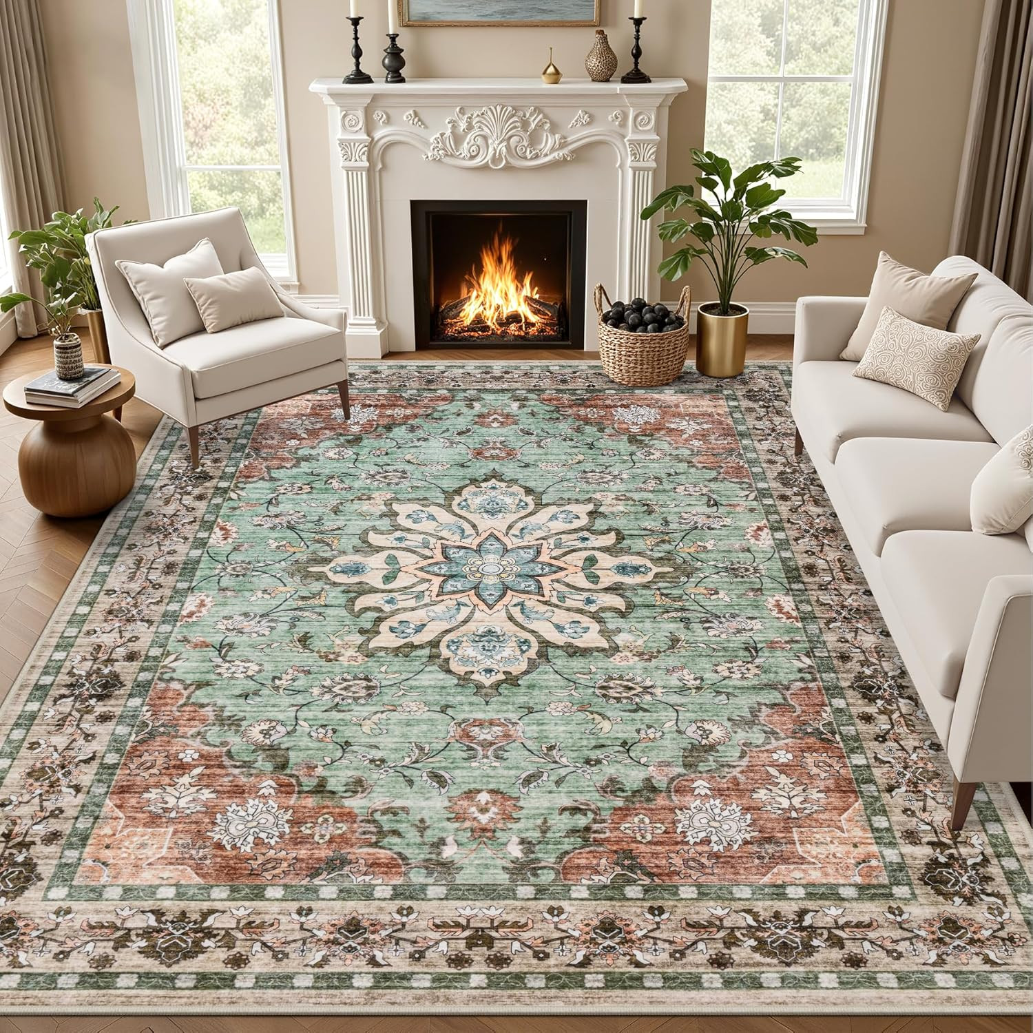 8X10 Area Rugs for Living Room: Washable Rug Soft Vintage Boho Carpet Indoor Flo