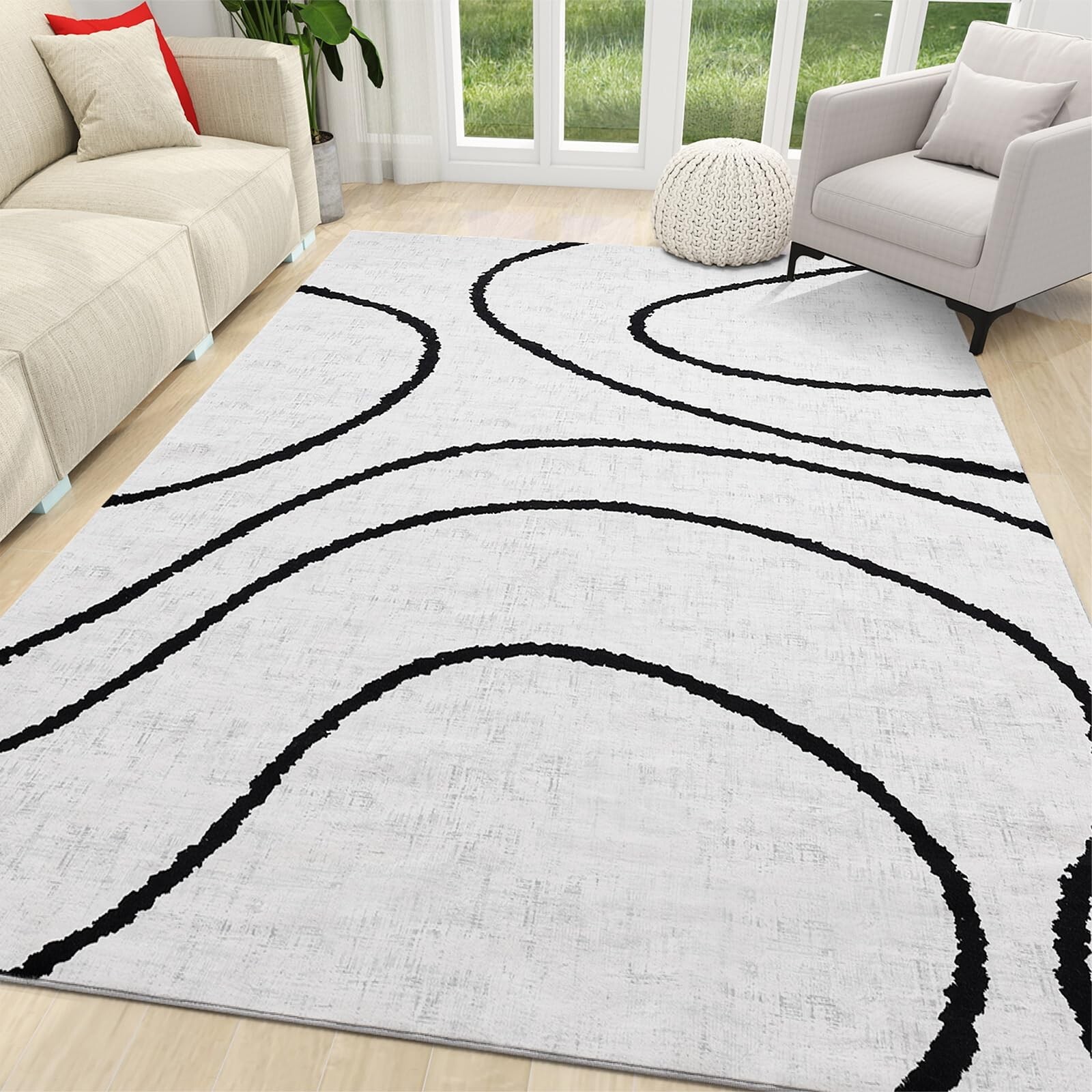 YIHOUSE Modern Abstract Area Rug, Black and White Rug, Thin Wave Minimalist S…