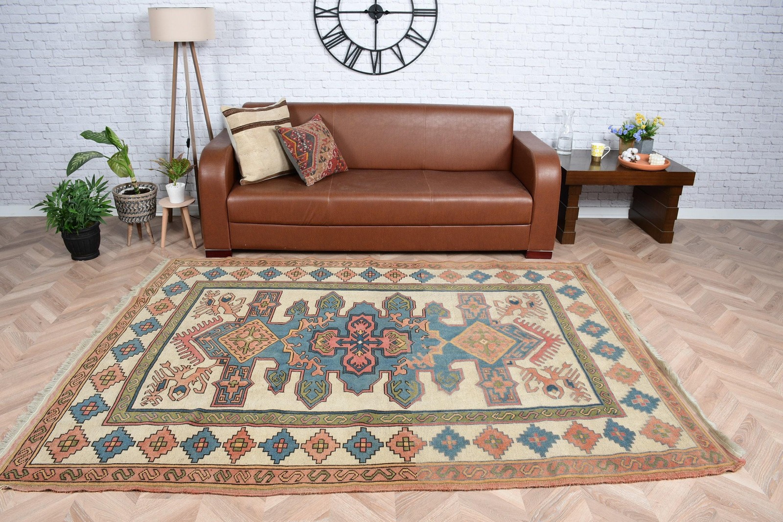 Turkish Rug, Large 5,9×7,9 ft Vintage Rug, Blue Patchwork Wool Rug