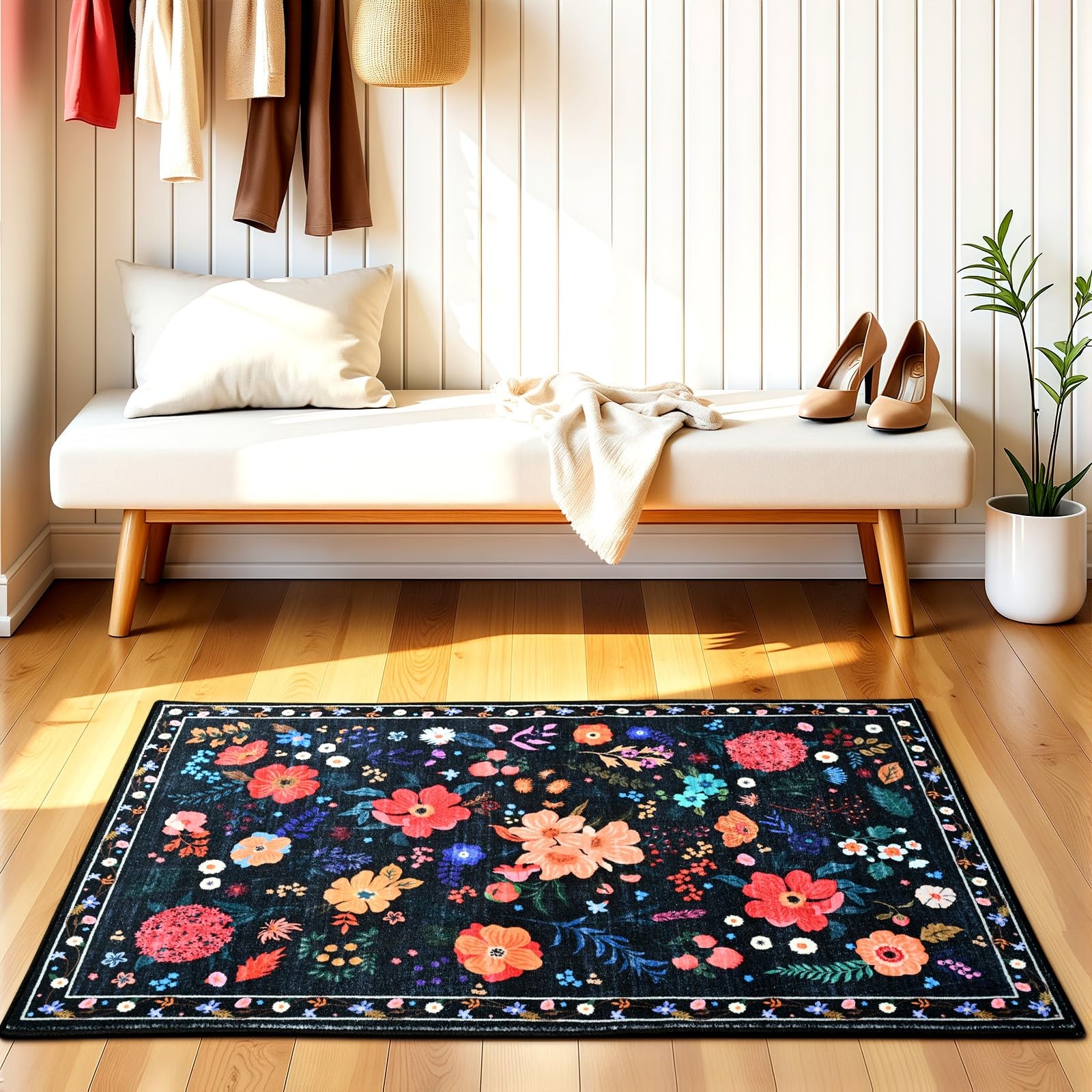 Boho Floral Entryway Rug 2×3 Washable NonSlip Vintage Carpet for Home