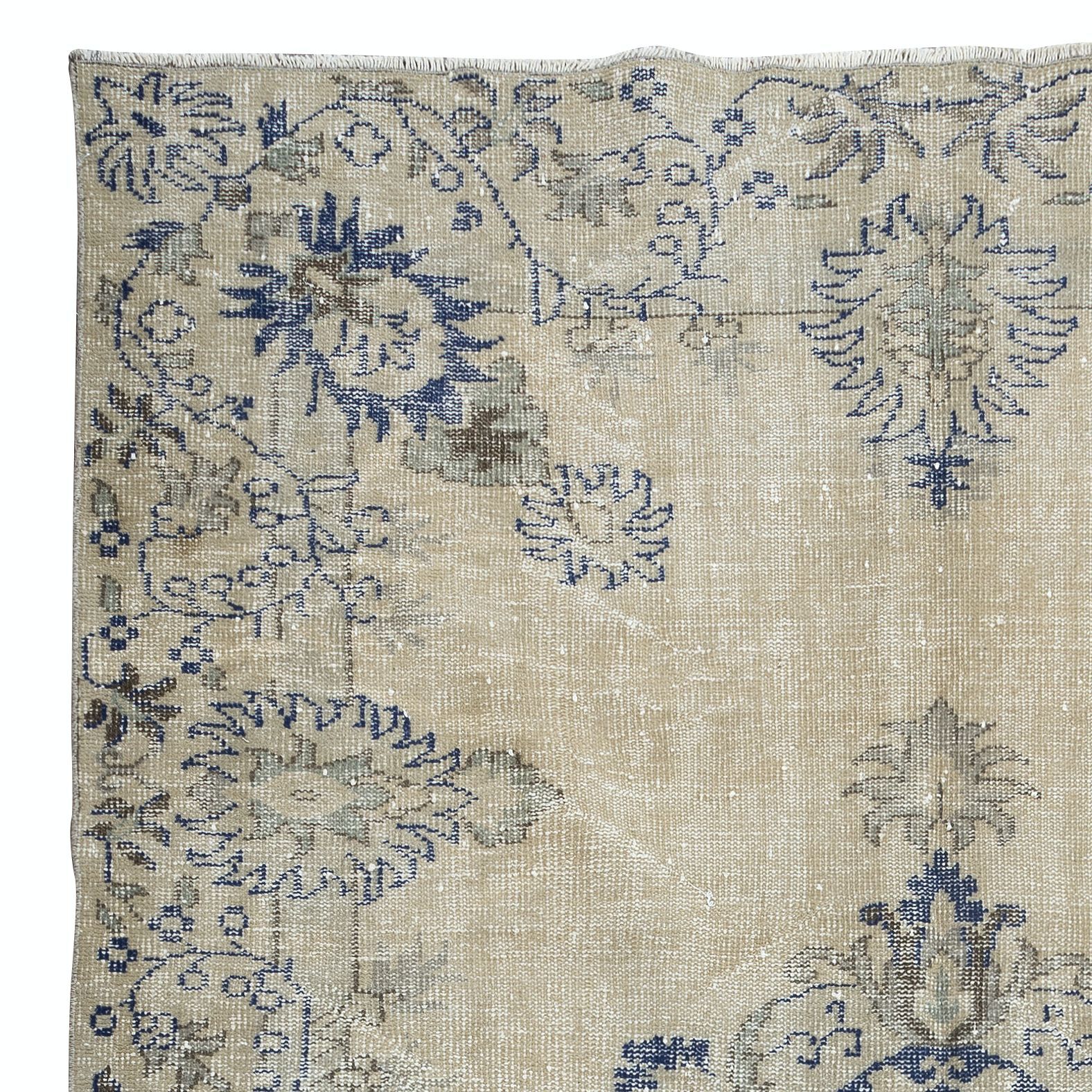 6.4×9.6 Ft Vintage Turkish Rug in Beige & Navy Blue, Sun Faded Handmade Carpet