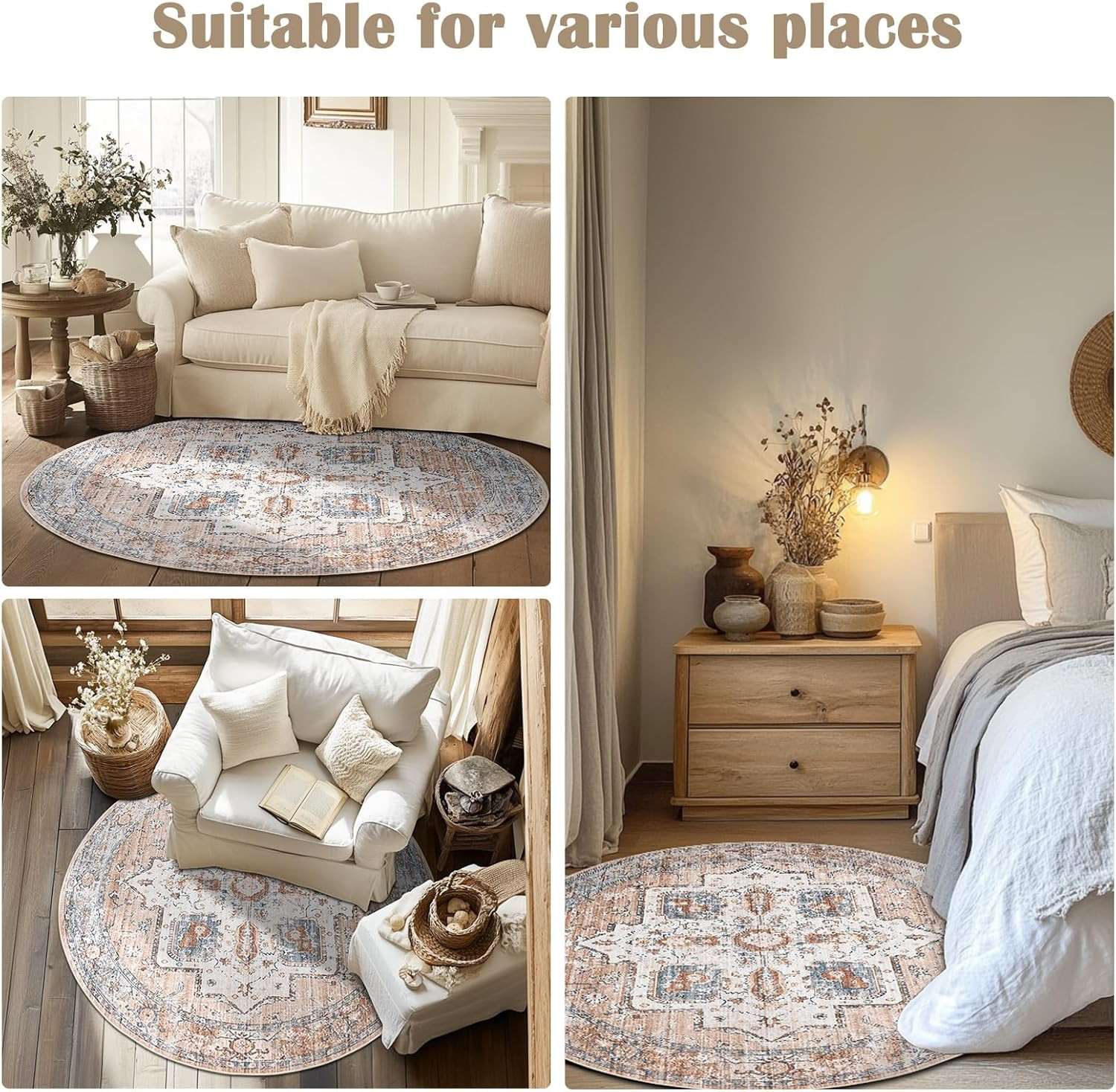Vintage Floral 8Ft Round Rug – Machine Washable Non-Slip Carpet in Orange