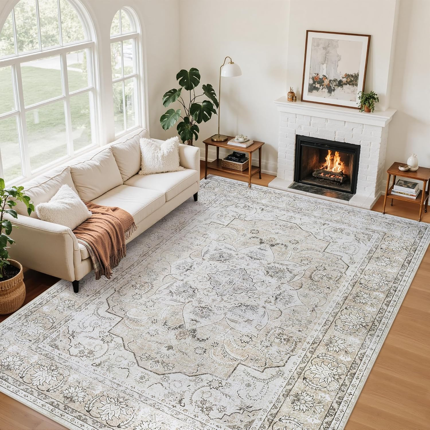 5X7 Washable Area Rugs for Bedroom Beige White Non-Slip Rug | Vintage Medallion