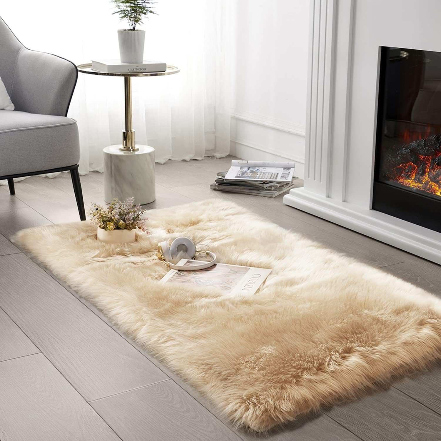 SERISSA Soft Faux Sheepskin Fur Area Rug Beige Fluffy Rug Plush Chair Cover Seat