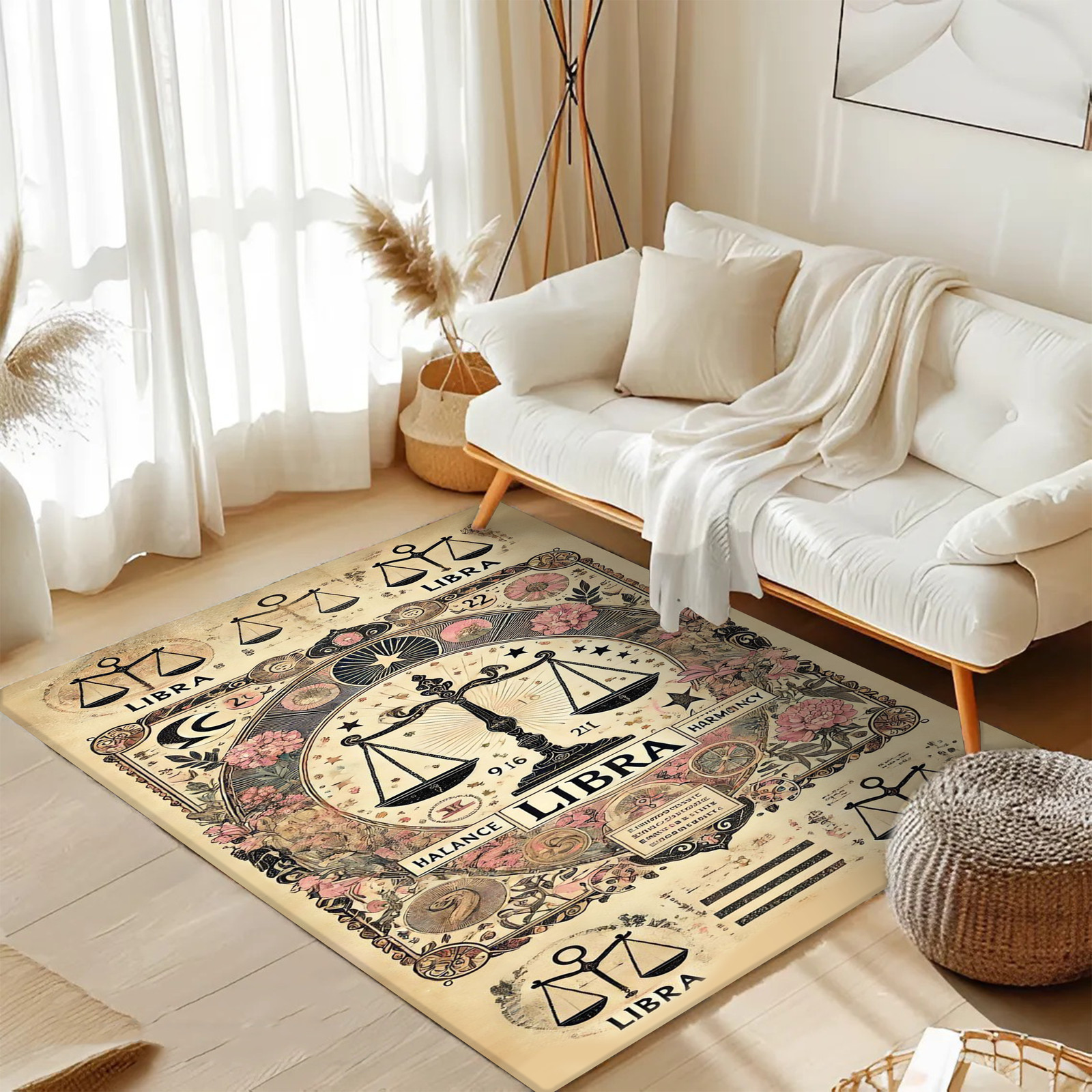 Vintage Zodiac Area Rug with Libra Symbols and Floral Balance Theme for Decor