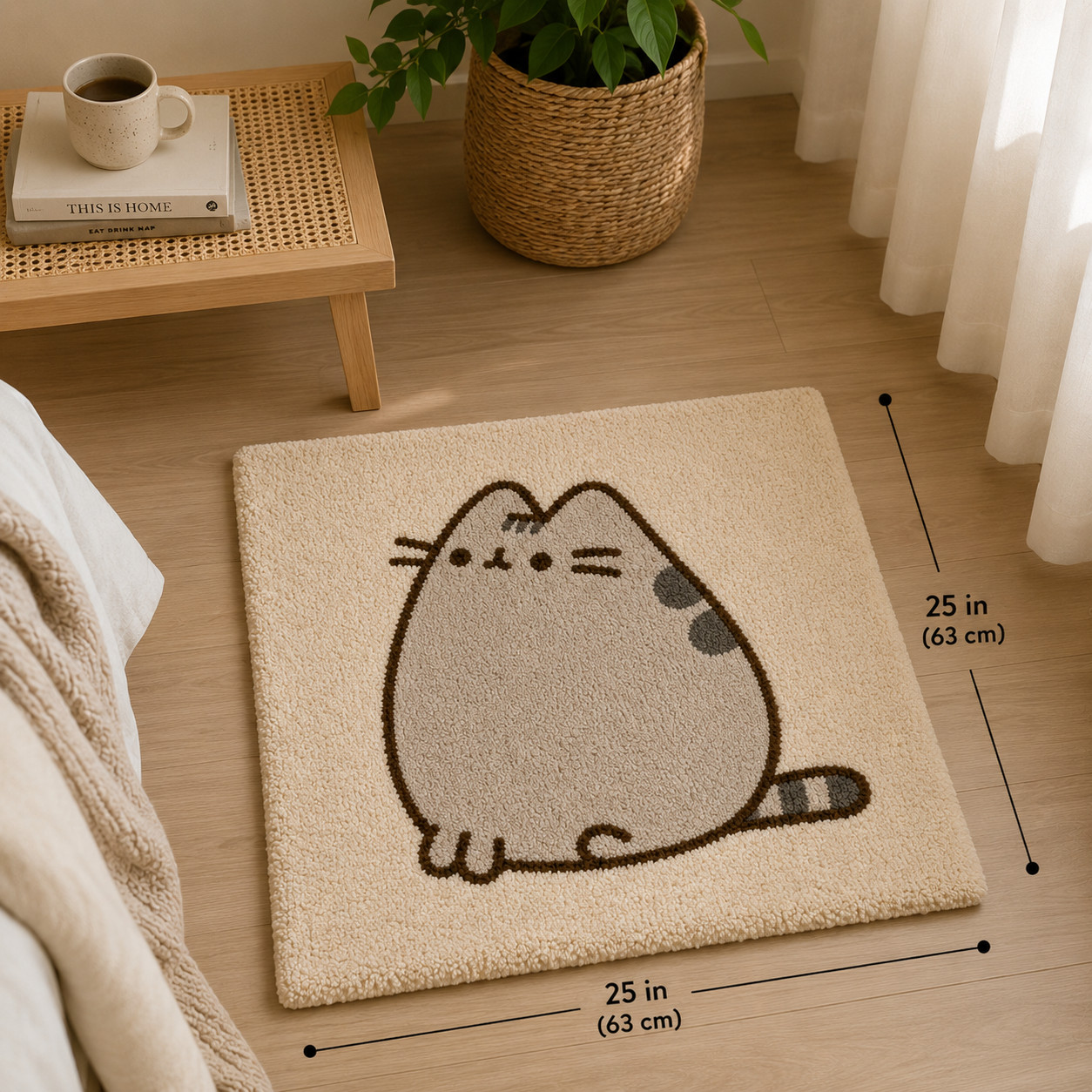 Handmade Tufted Cat Rug Pusheen Style 25×25” Cute Area Rug Wall Hanging Decor