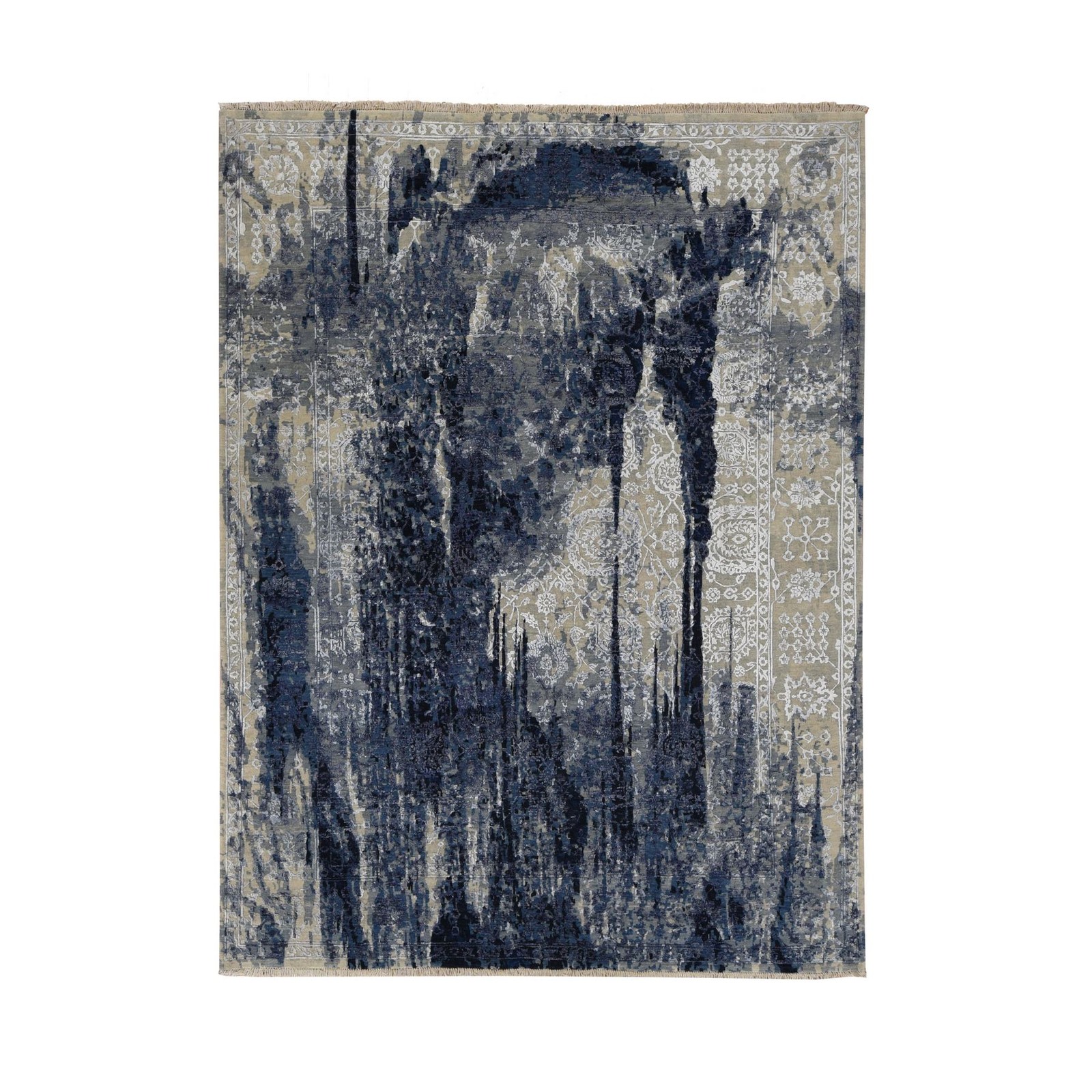 6’x8’10” Blue Wool and Silk Japanese Shibori Design Hand Knotted Rug R87431