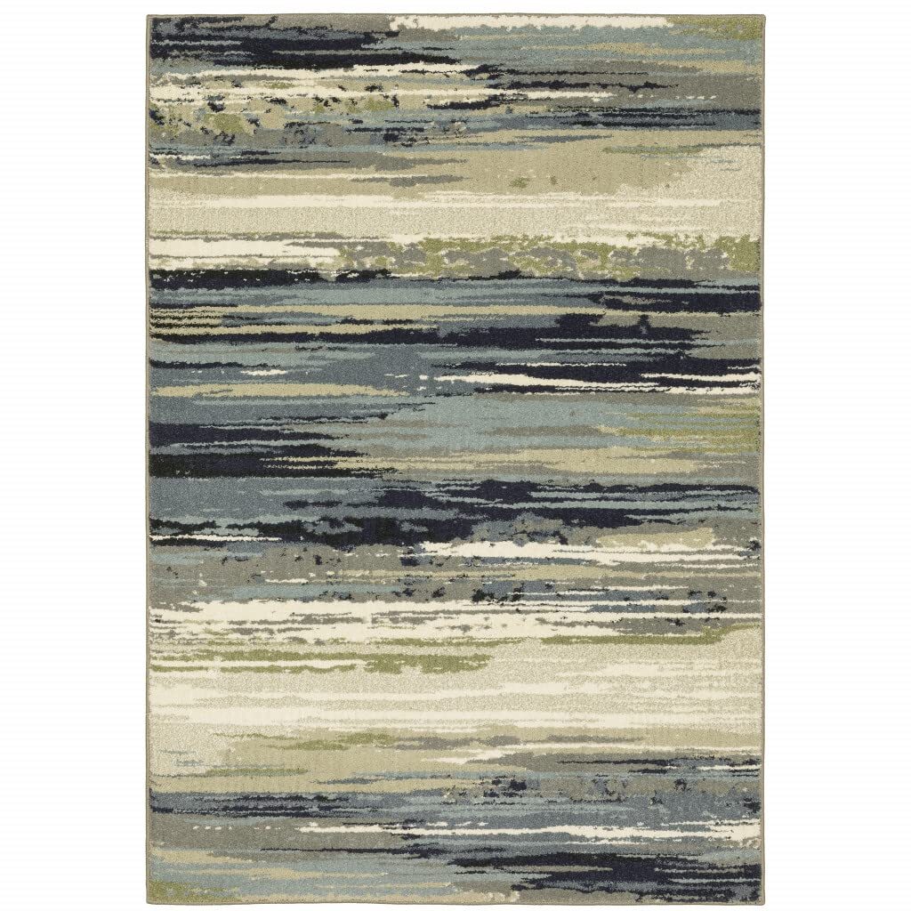 10′ X 13′ Blue Green Grey Light Blue And Beige Abstract Power Loom Stain