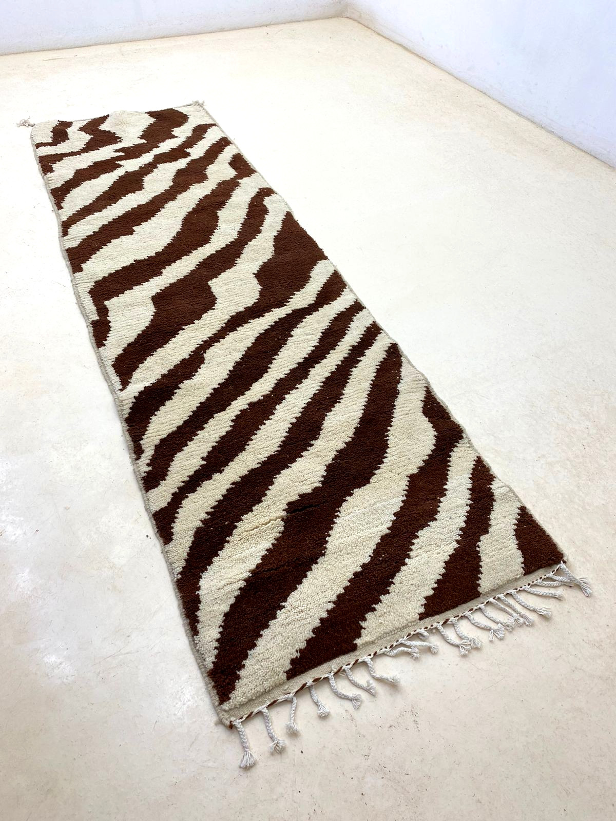 Handmade Moroccan Zebra Runner Rug Brown Ivory Shag Hallway Carpet Modern Animal