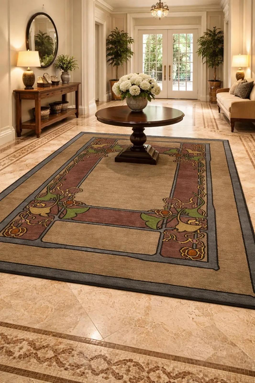 Arts and Crafts Hand Tufted Rug Art Nouveau Floral Border Traditional Area Rug