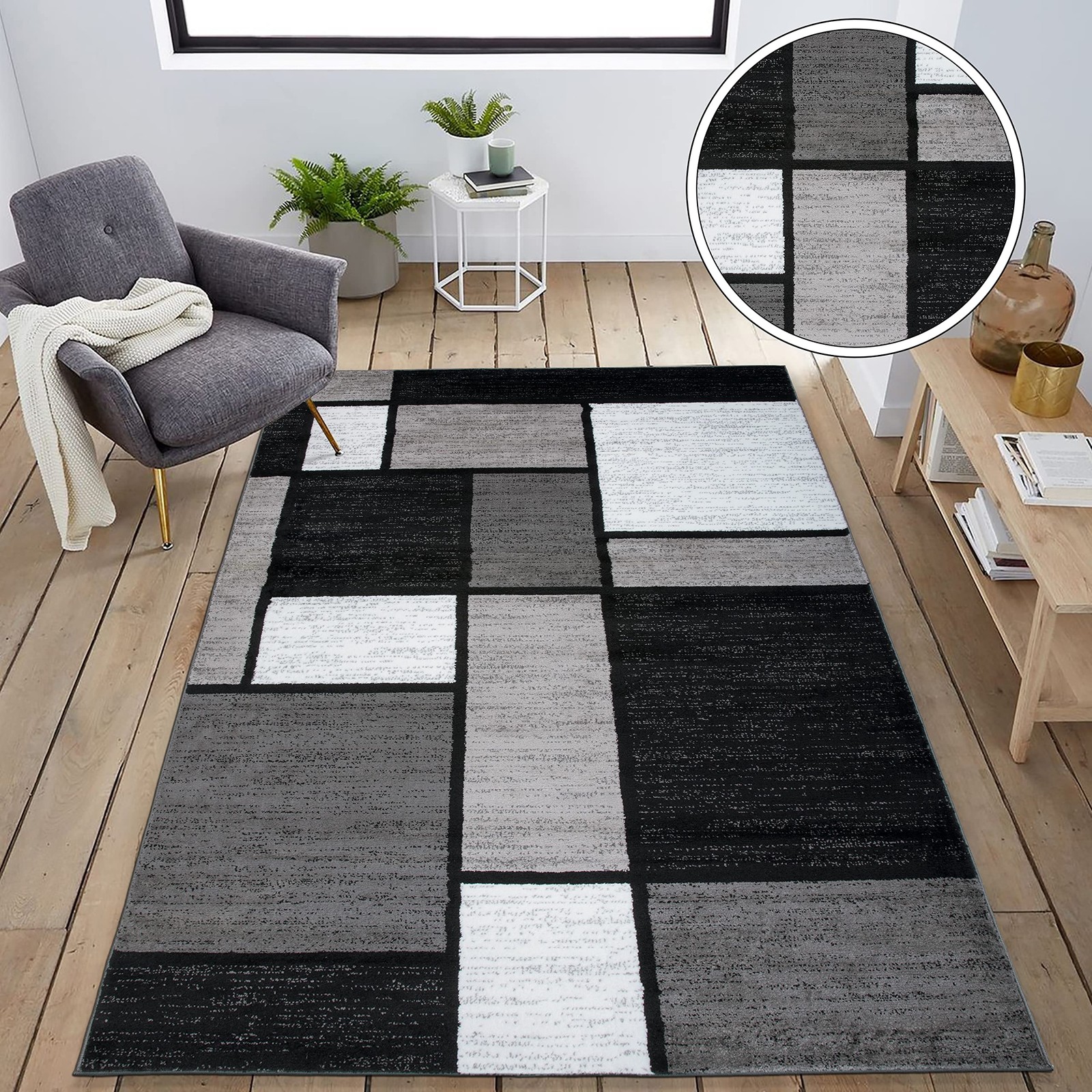 Contemporary Grey Rectangular Area Rug 710X102 Elegant Box Pattern Durable