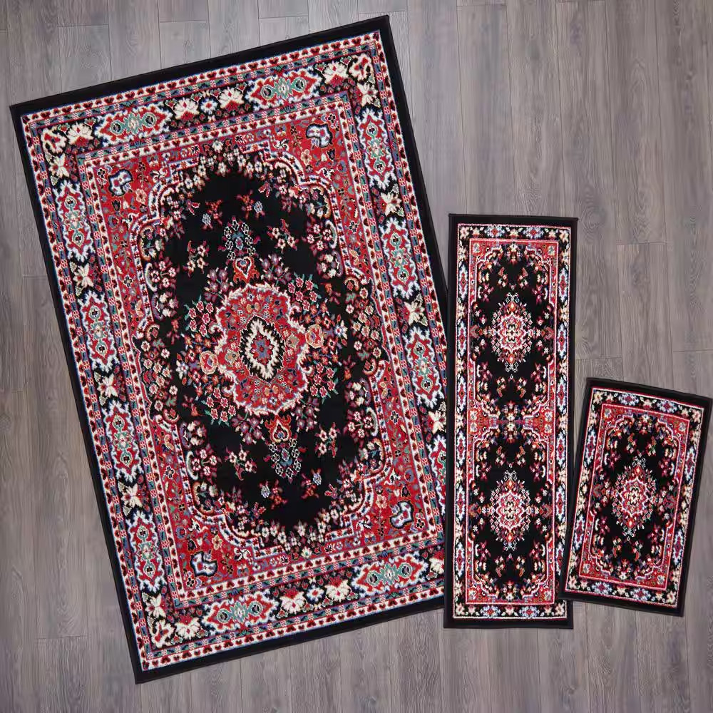 Ariana Black/Red 5 ft. x 7 ft. 3-Piece Medallion Area Rug Set