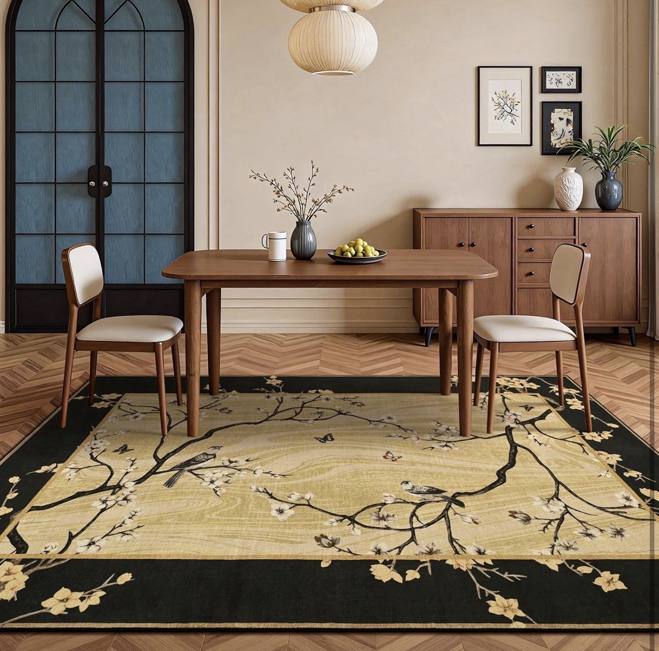 Beige Black Floral Branch Bird Non-Slip Stain Resistant Washable Rug 5×7