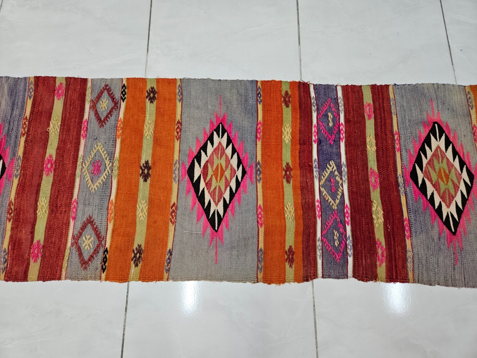 Handmade Wool Turkish 1.8 x 7.9 ft Kilim Runner Rug with Diamond Tribal Motifs