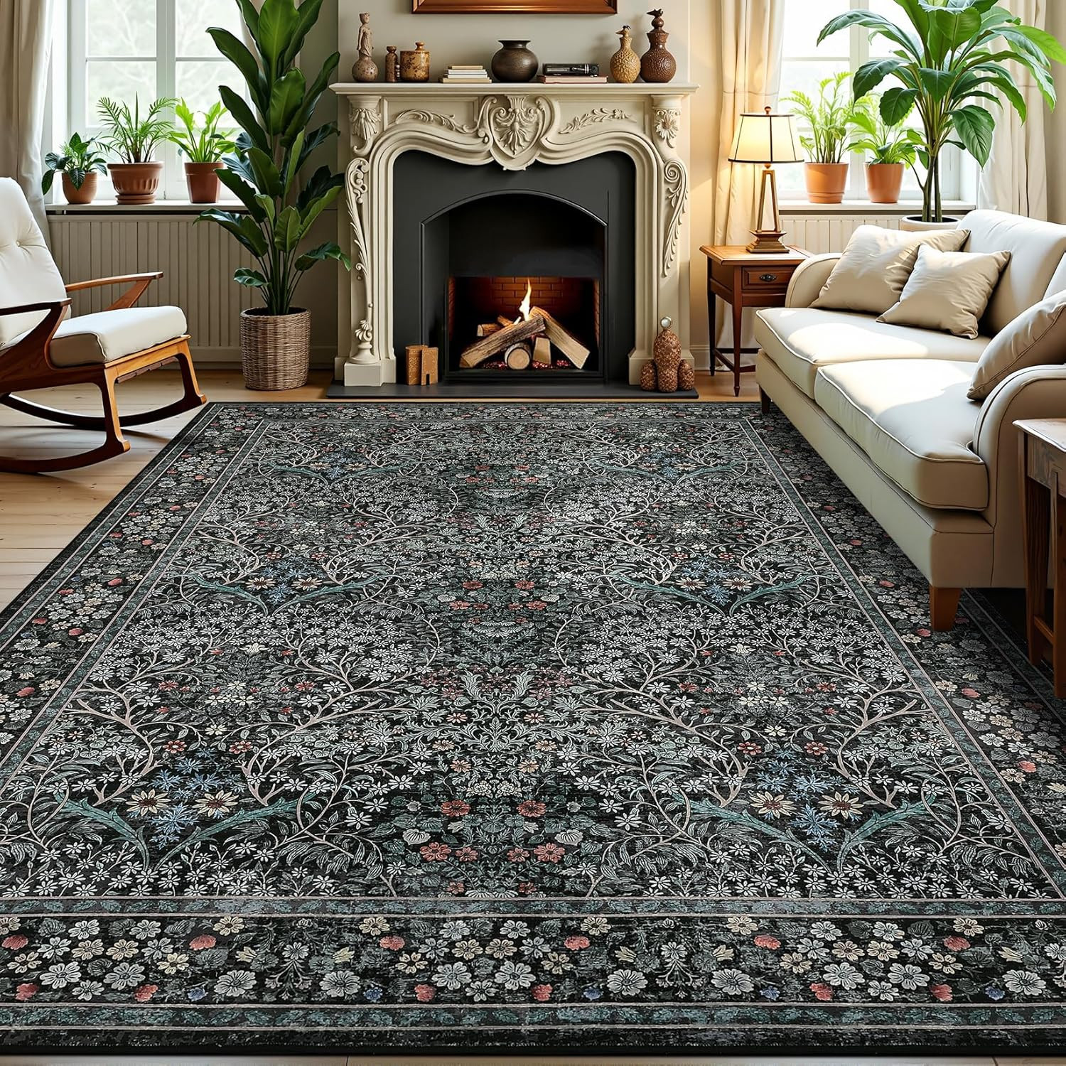 5X7 Floral Washable Rug, Black Vintage Boho Non Slip Area Rug, Soft Botanical In