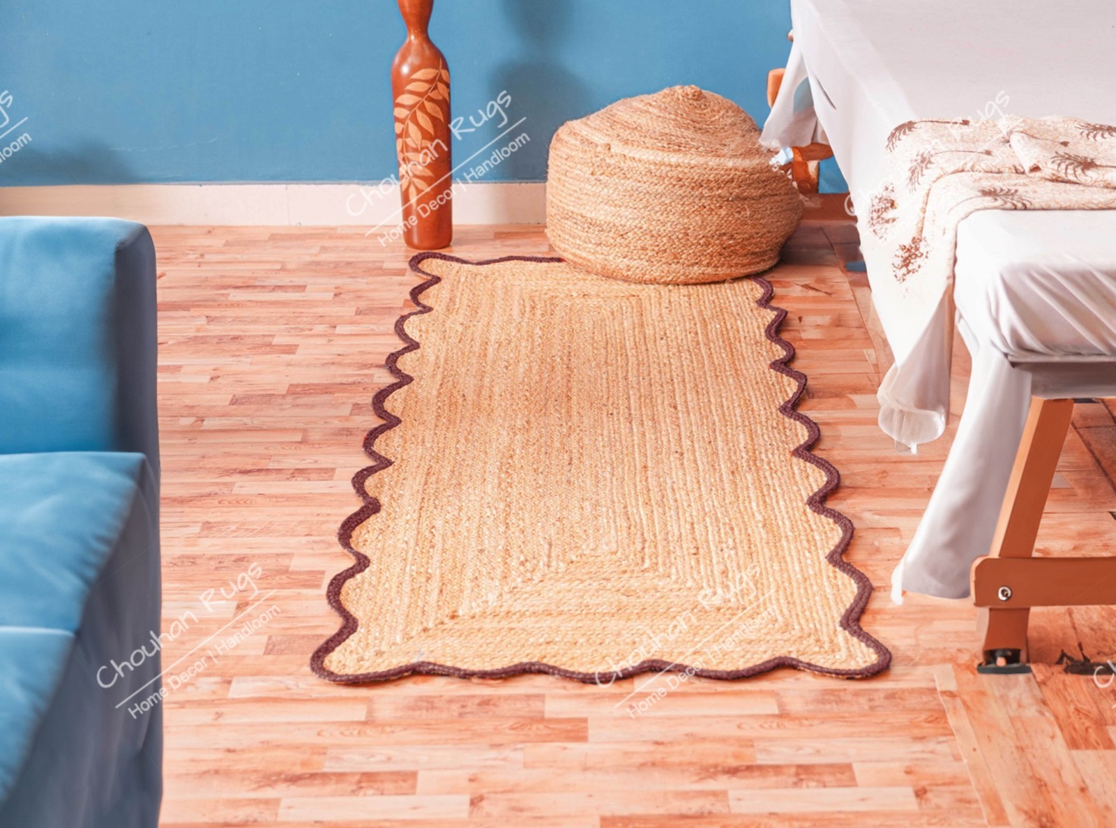 Custom Size 5×8 Ft Home, Living Room Decor Rug Beige And Brown scallop Border